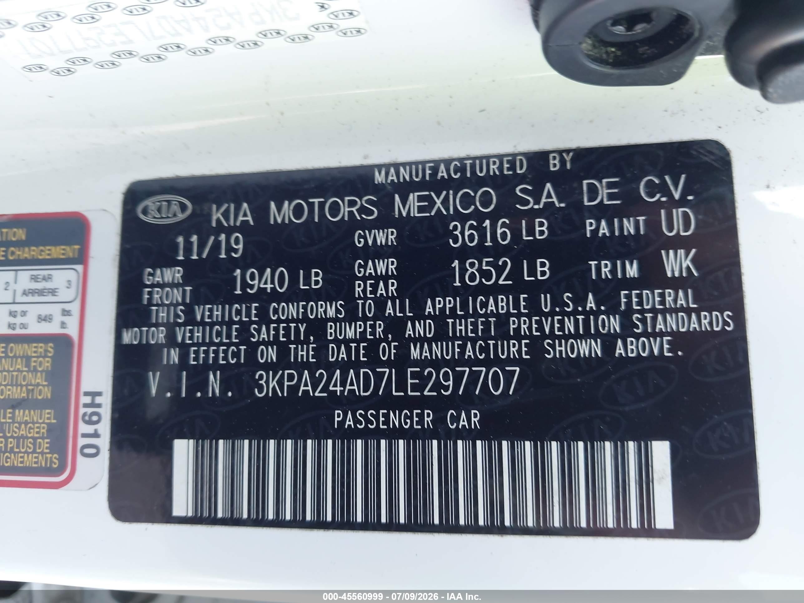 2020 Kia Rio VIN 3KPA24AD7LE297707 IAAI salvage auction — Front End, Original (Texas), sold $2,775 on 2026-09-11 (photo 9)