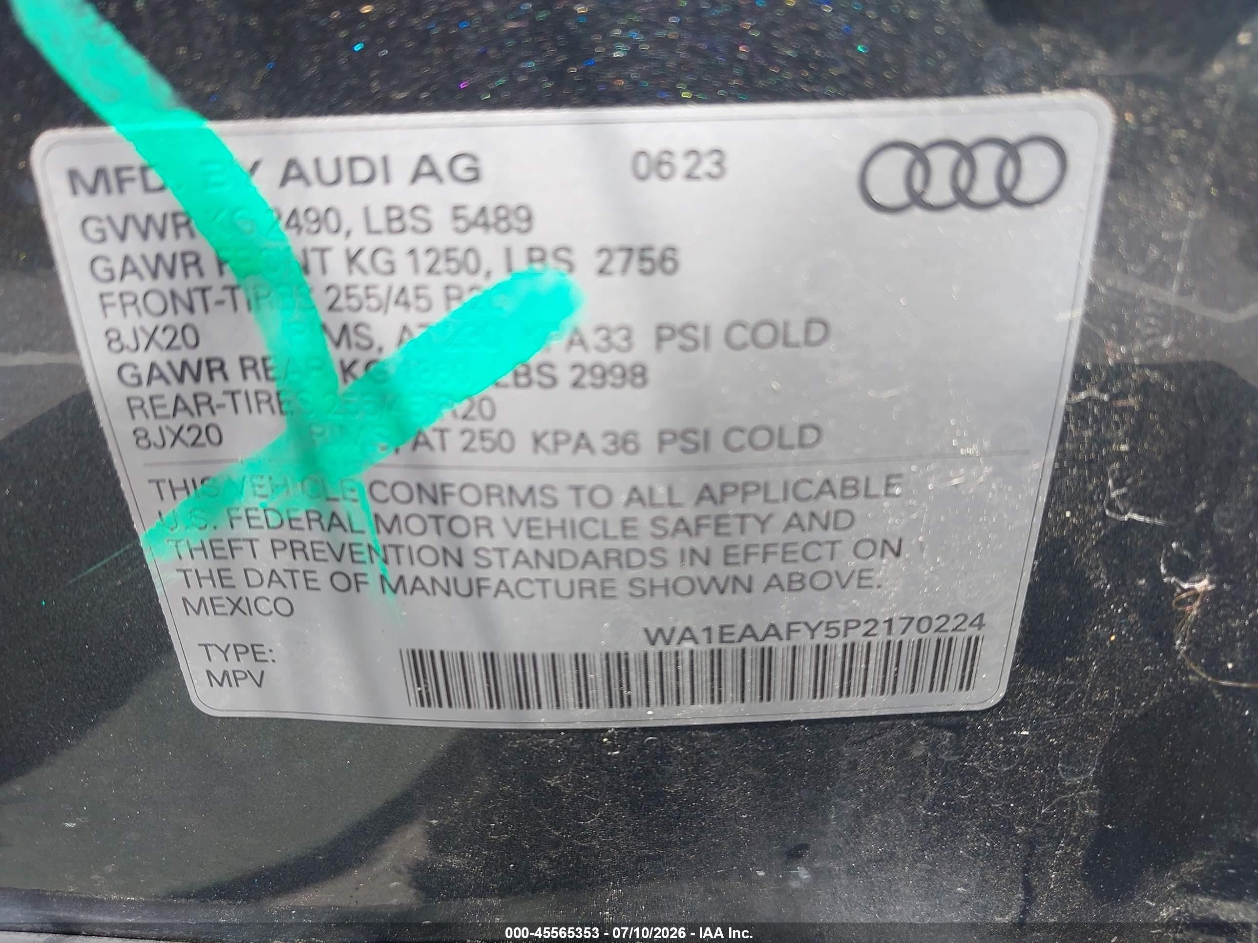 2023 Audi Q5 VIN WA1EAAFY5P2170224 IAAI salvage auction — Side, Salvage (North Carolina), sold $16,950 on 2026-10-11 (photo 9)