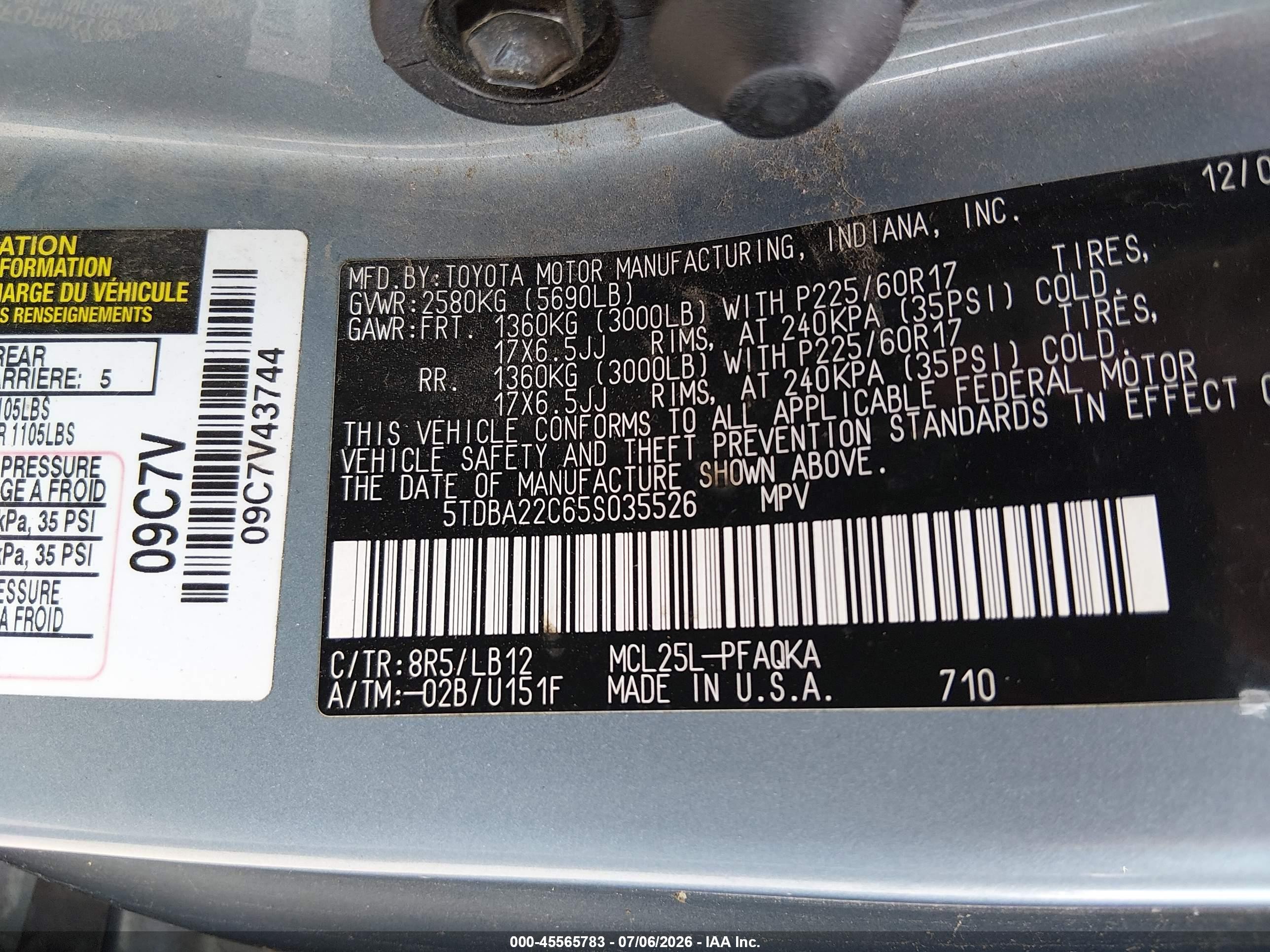 2005 Toyota Sienna VIN 5TDBA22C65S035526 IAAI salvage auction — Normal Wear, Clear-Dealer Only (Oregon), sold $300 on 2026-07-09 (photo 9)