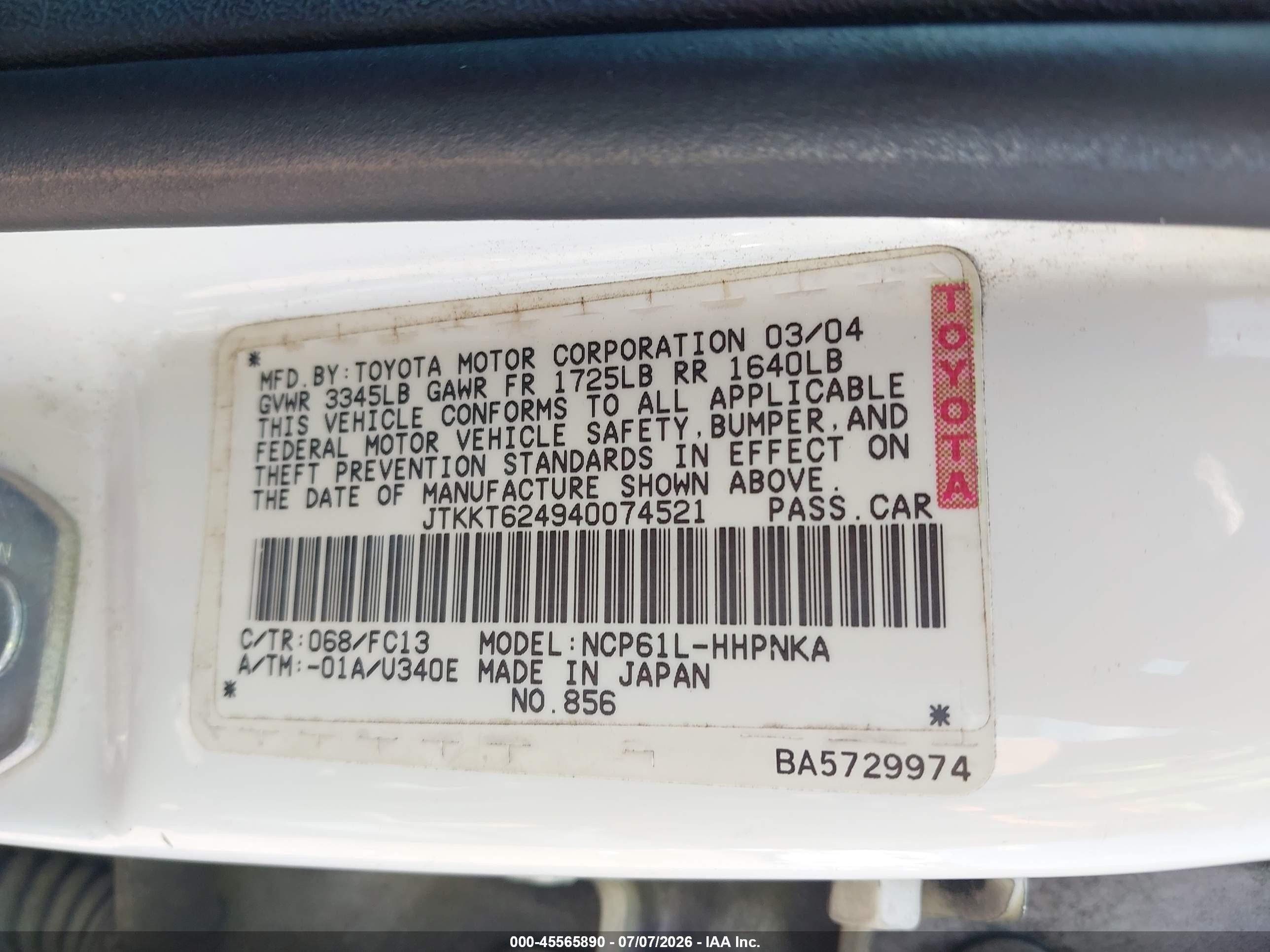 2004 Scion Xa VIN JTKKT624940074521 IAAI salvage auction — Side, Salvage (Mississippi), sold $425 on 2026-08-31 (photo 9)