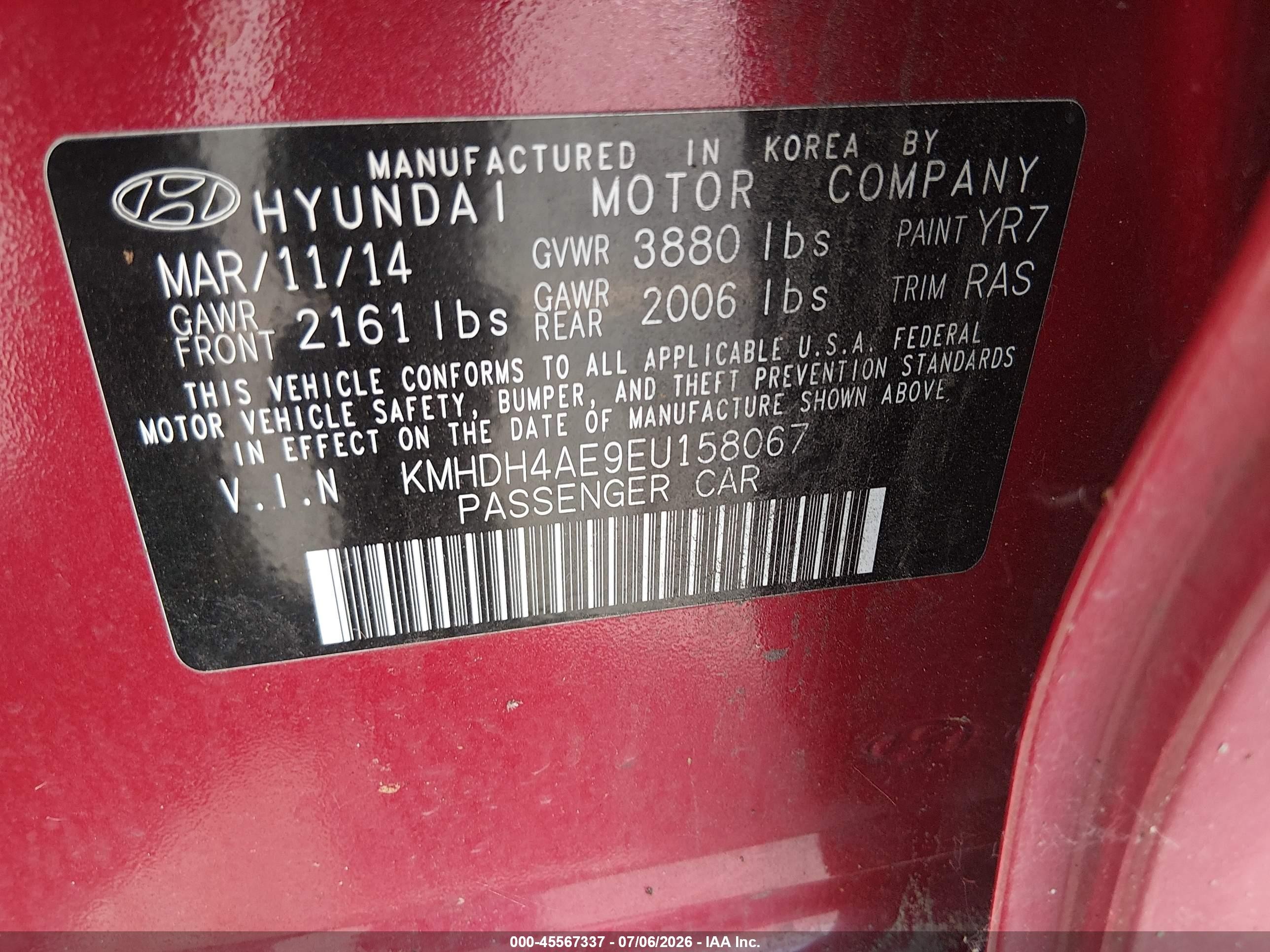 2014 Hyundai Elantra VIN KMHDH4AE9EU158067 IAAI salvage auction — Normal Wear, Rebuilt (Washington), sold $100 on 2026-07-09 (photo 9)