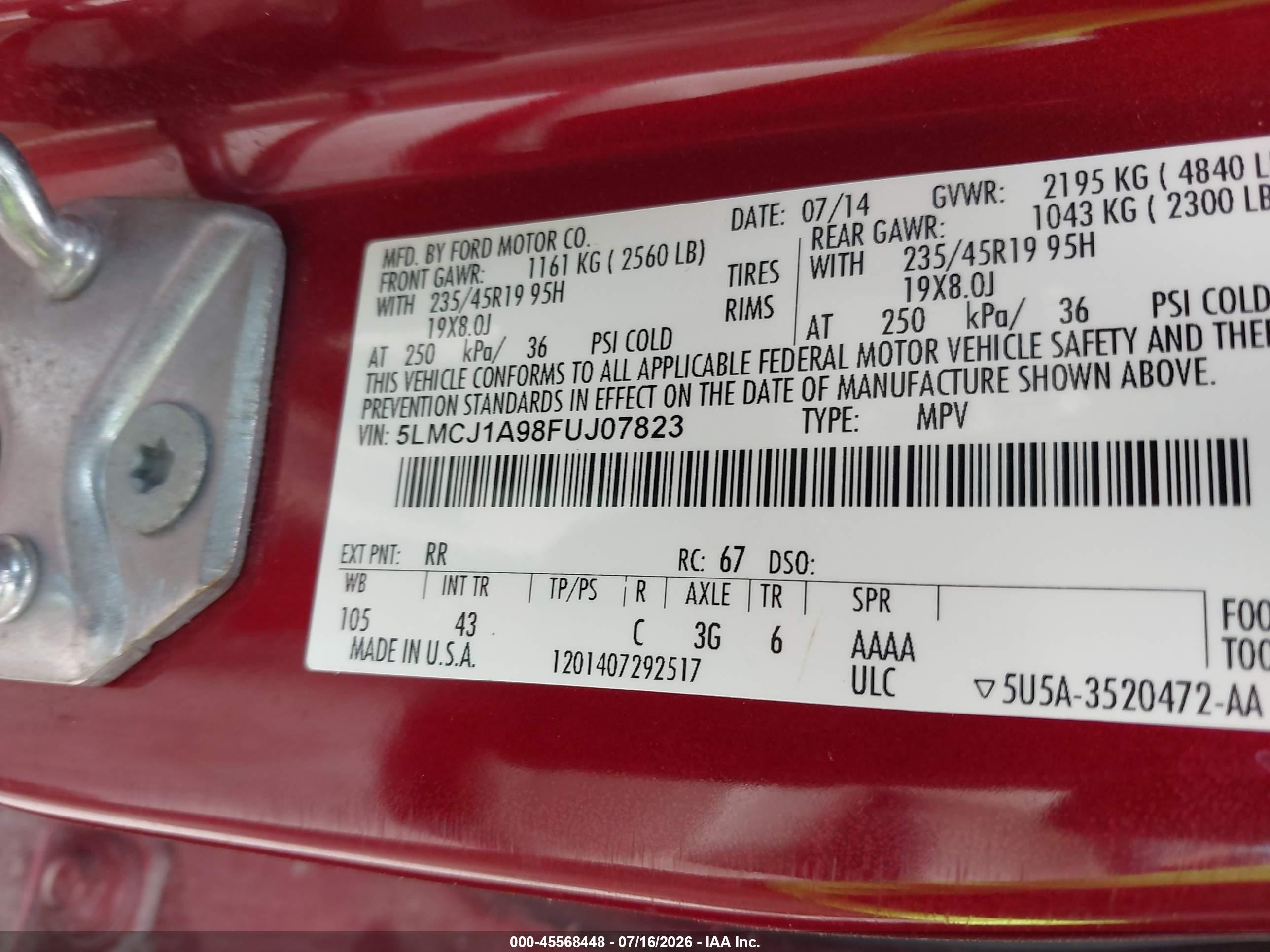 2015 Lincoln Mkc VIN 5LMCJ1A98FUJ07823 IAAI salvage auction — Front & Rear, Original (Texas), sold $1,250 on 2026-09-08 (photo 9)
