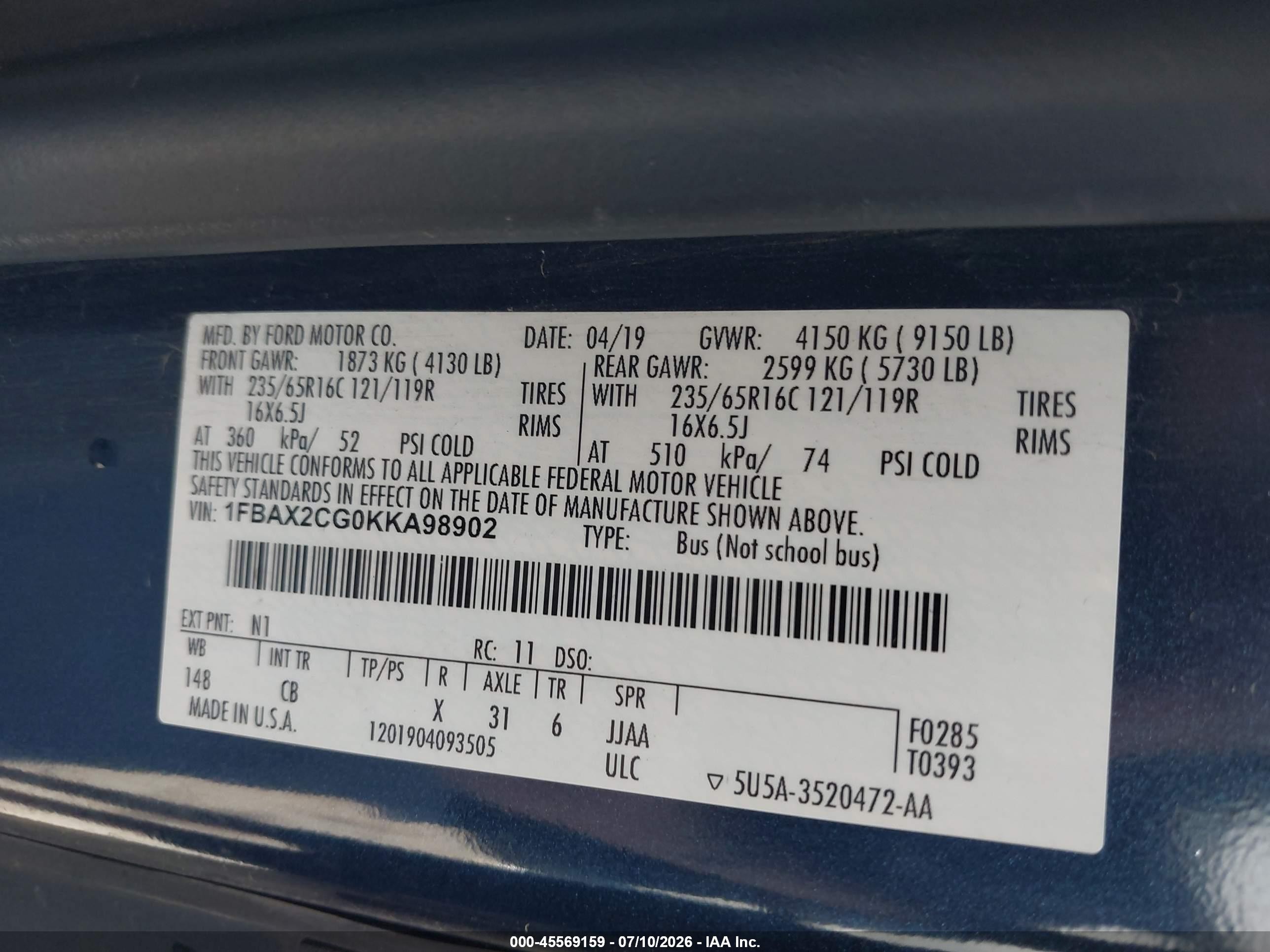 2019 Ford Transit VIN 1FBAX2CG0KKA98902 IAAI salvage auction — Side, Salvage (Oregon), sold $7,100 on 2026-09-05 (photo 9)