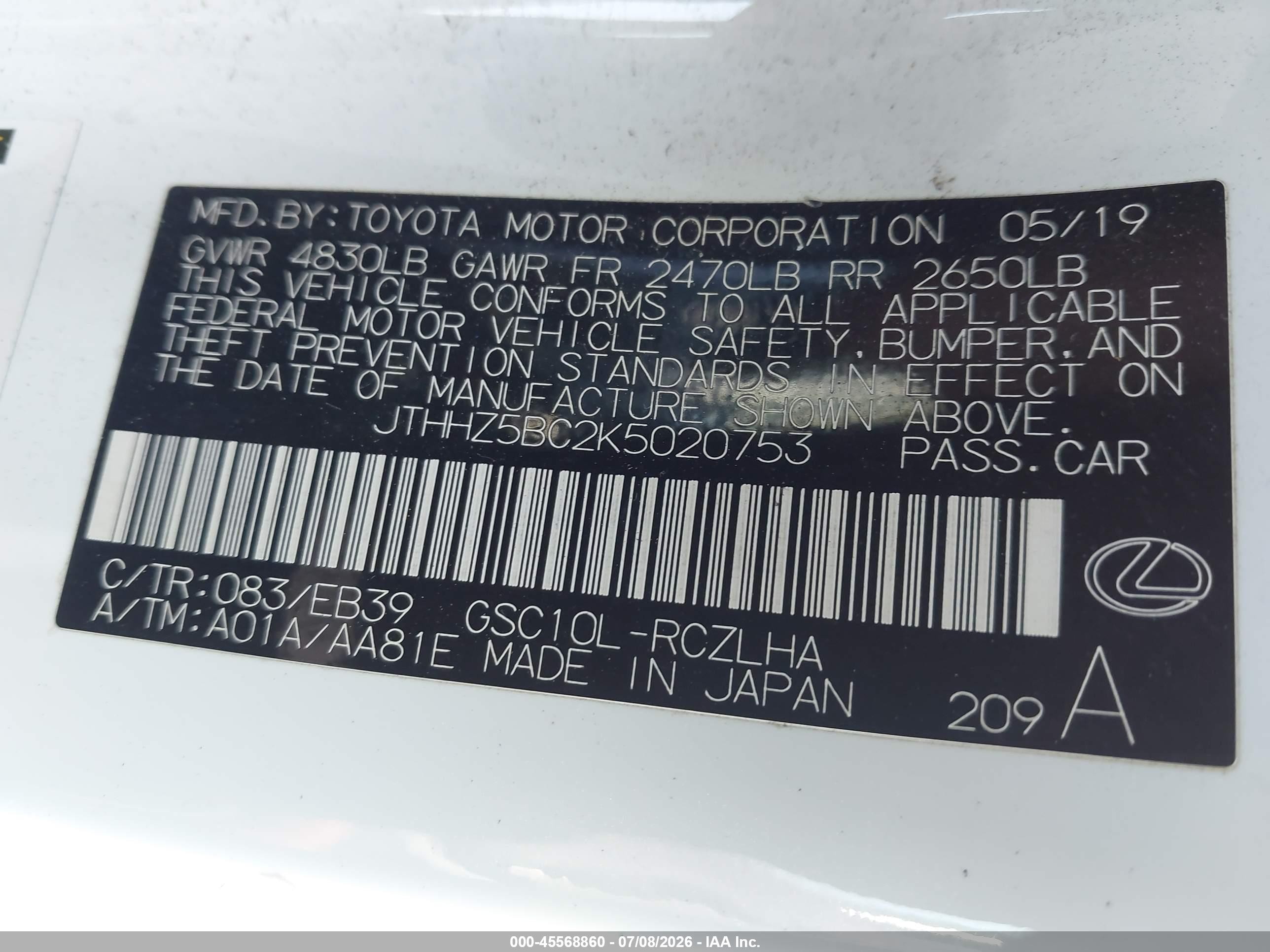2019 Lexus Rc VIN JTHHZ5BC2K5020753 IAAI salvage auction — Unknown, Salvage (Georgia), sold $6,100 on 2026-09-01 (photo 9)