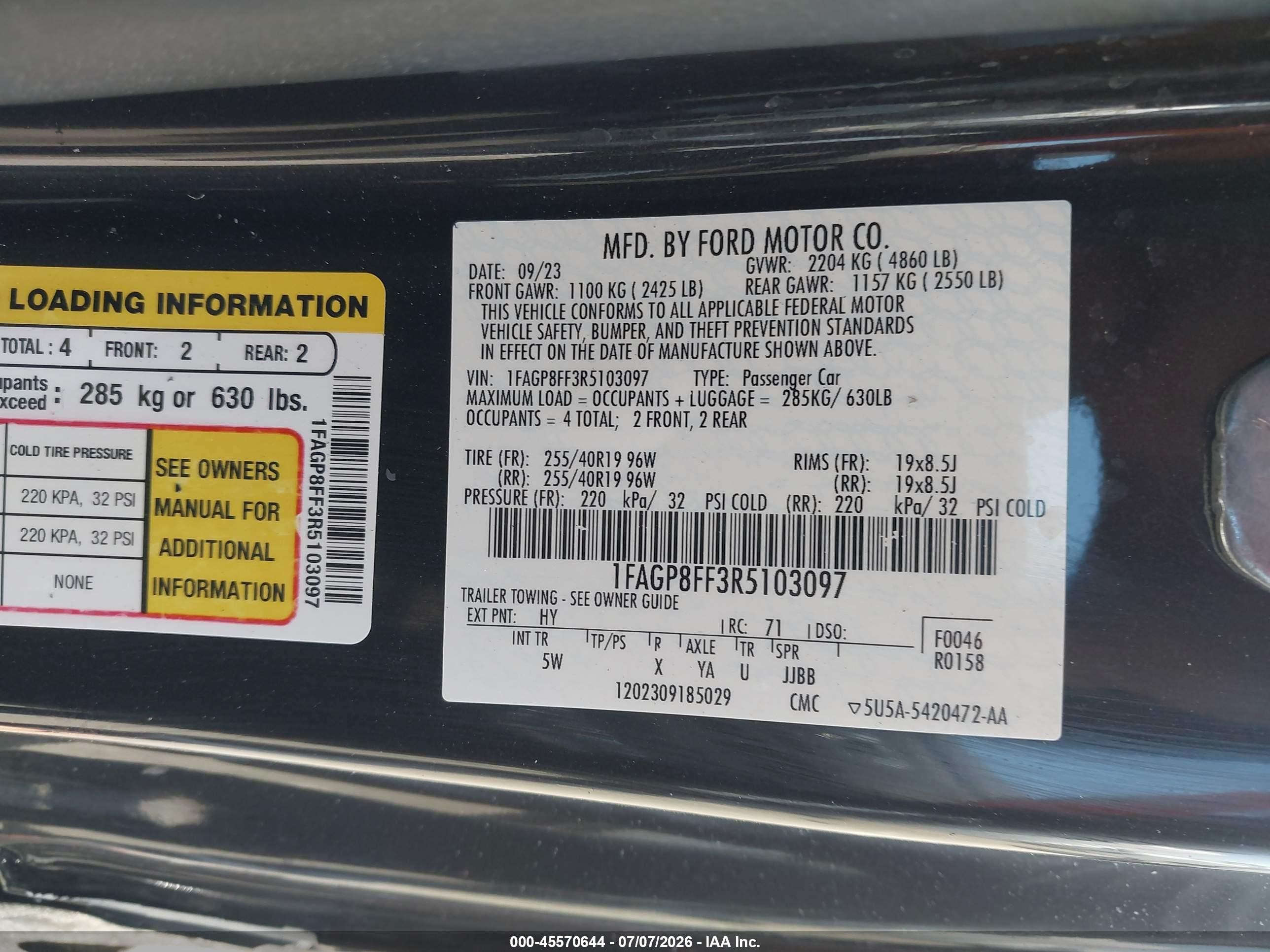 2024 Ford Mustang VIN 1FAGP8FF3R5103097 IAAI salvage auction — Side, Salvage (California), sold $20,700 on 2026-07-09 (photo 9)