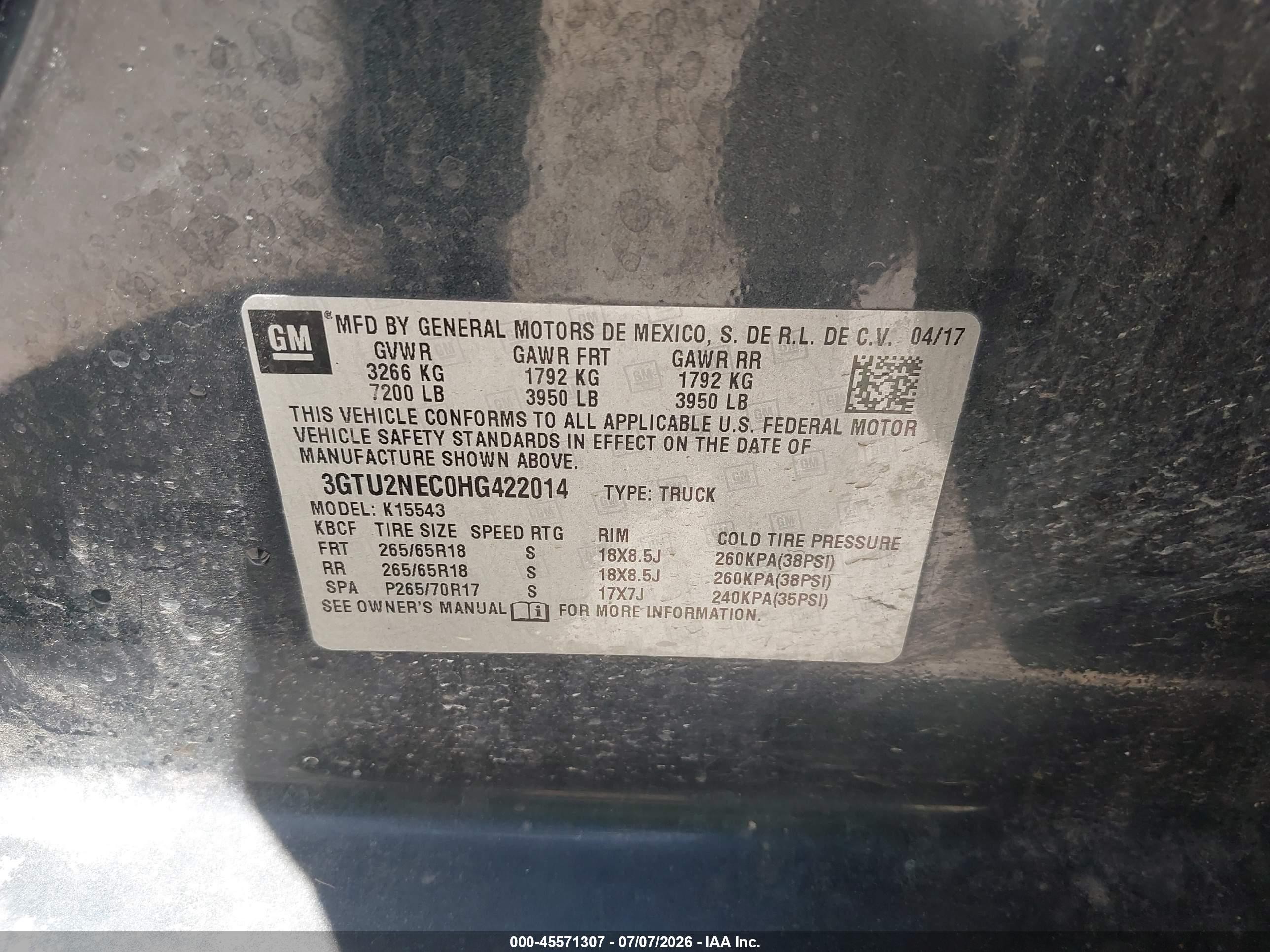 2017 Gmc SIERRA VIN 3GTU2NEC0HG422014 IAAI salvage auction — Front End, Certificate Of Title (Nebraska), sold $6,850 on 2026-09-11 (photo 9)