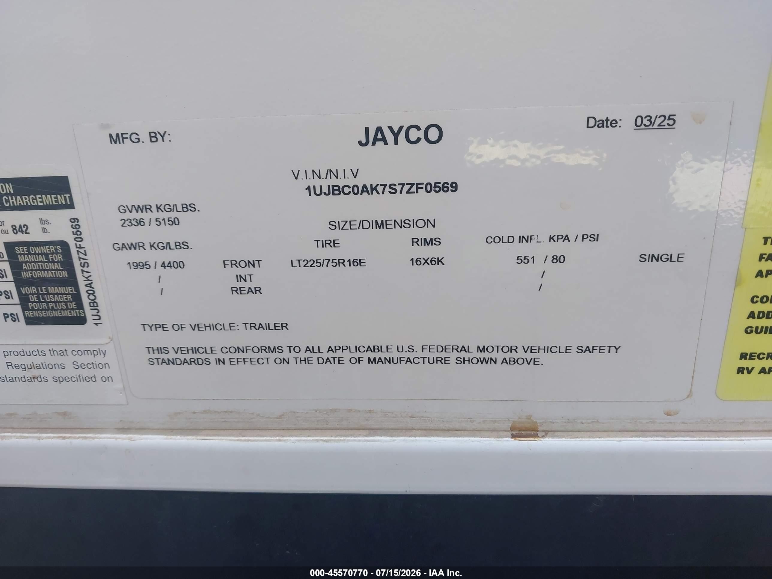 2025 Jayco Other VIN 1UJBC0AK7S7ZF0569 IAAI salvage auction — Hail, Certificate Of Title (Nebraska), sold $6,850 on 2026-09-22 (photo 9)