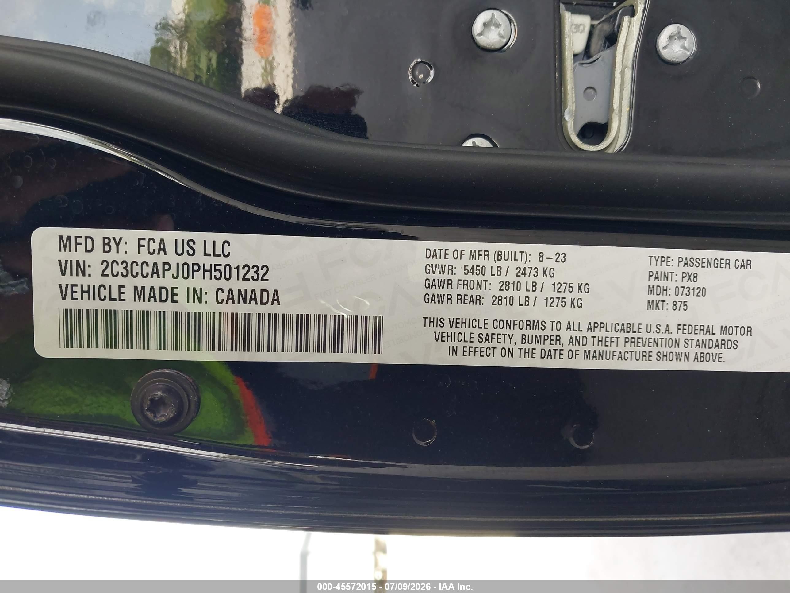 2023 Chrysler 300 VIN 2C3CCAPJ0PH501232 IAAI salvage auction — Front End, Rebuildable (Florida), sold $18,125 on 2026-08-18 (photo 9)