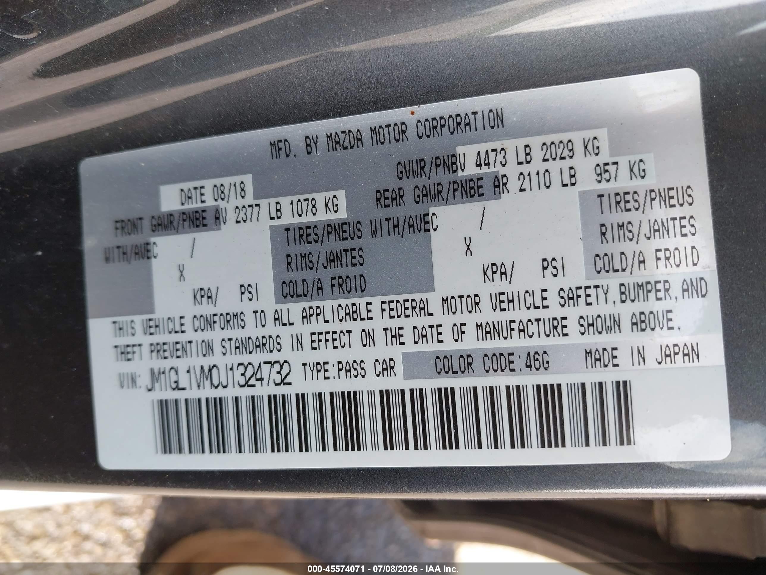 2018 Mazda 6 VIN JM1GL1VM0J1324732 IAAI salvage auction — Unknown, Salvage (Illinois), sold $2,650 on 2026-09-09 (photo 9)