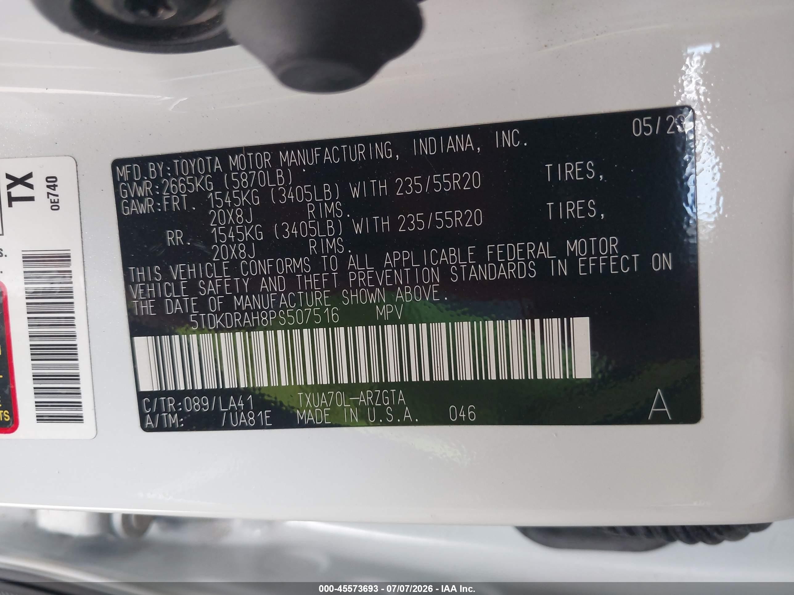 2023 Toyota Highlander VIN 5TDKDRAH8PS507516 IAAI salvage auction — Rear End, Salvage (Arizona), sold $21,100 on 2026-09-25 (photo 9)
