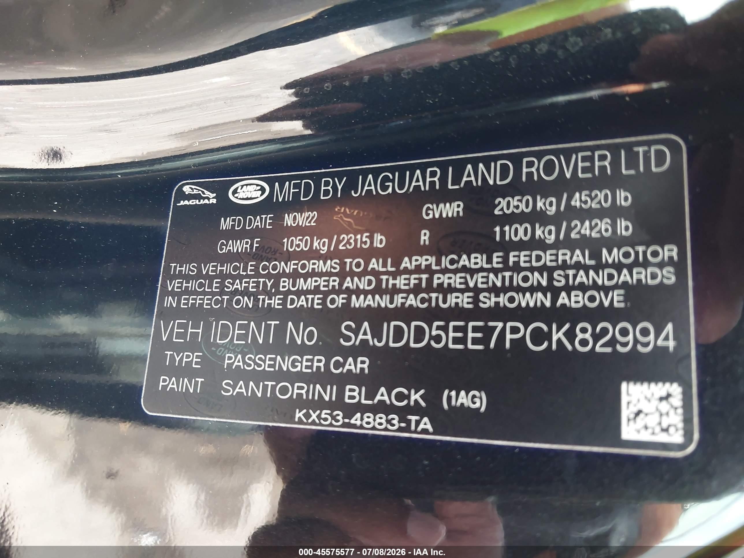 2023 Jaguar F-type VIN SAJDD5EE7PCK82994 IAAI salvage auction — Front & Rear, Rebuildable (Florida), sold $25,250 on 2026-08-10 (photo 9)