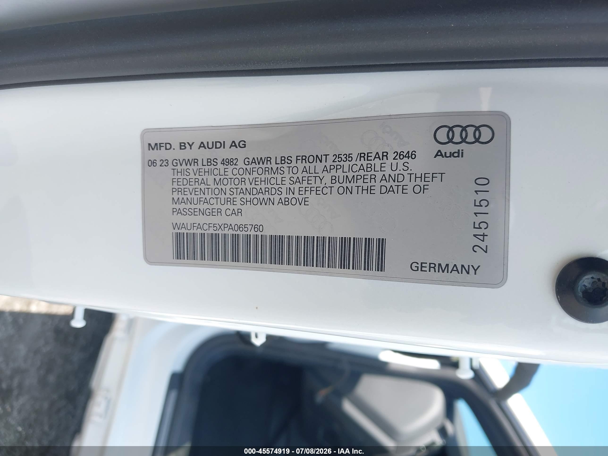 2023 Audi A5 VIN WAUFACF5XPA065760 IAAI salvage auction — Unknown, Rebuildable (Florida), sold $14,200 on 2026-09-25 (photo 9)