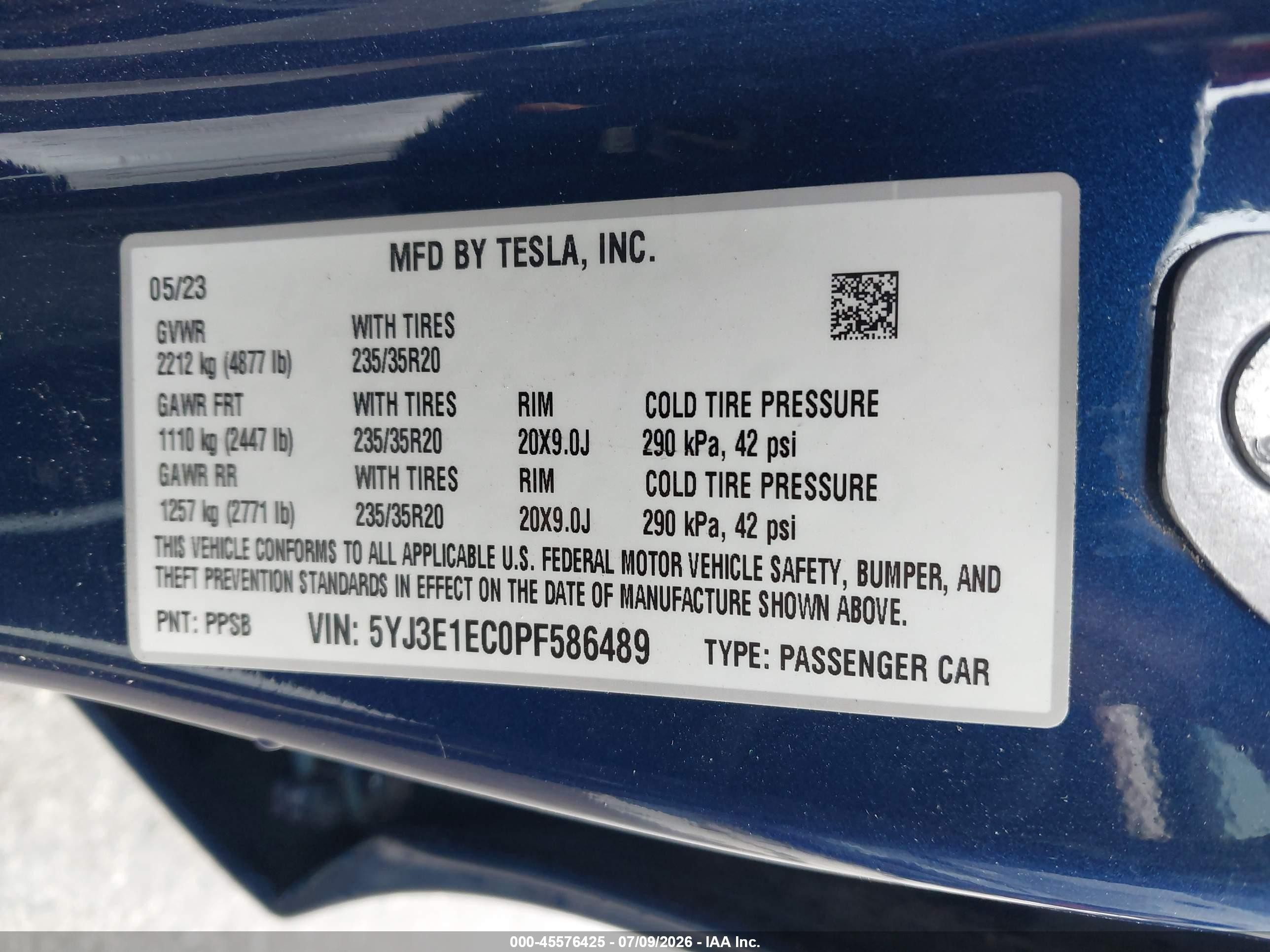 2023 Tesla Model 3 VIN 5YJ3E1EC0PF586489 IAAI salvage auction — Front End, Salvage (West Virginia), sold $13,500 on 2026-10-02 (photo 9)