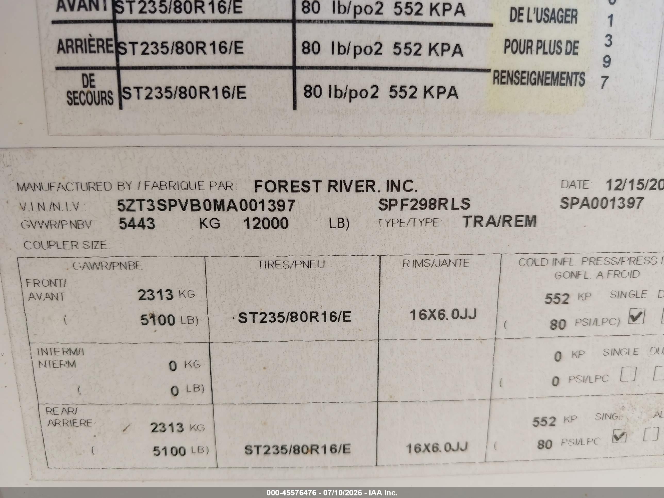 2021 Forest River Phoenix VIN 5ZT3SPVB0MA001397 IAAI salvage auction — Storm Damage, Original (Texas), sold $7,150 on 2026-10-08 (photo 9)