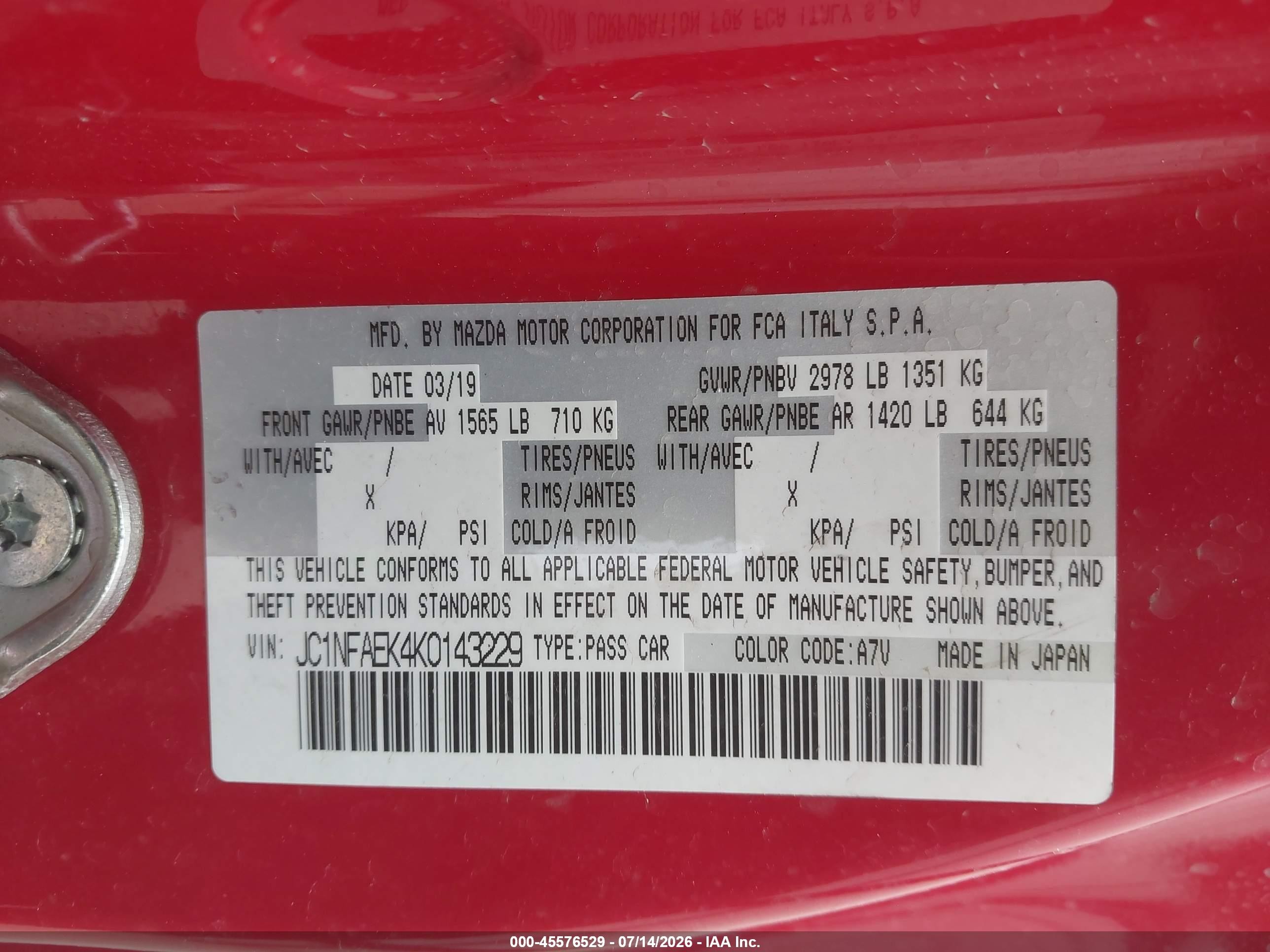 2019 Fiat 124 spider VIN JC1NFAEK4K0143229 IAAI salvage auction — Front End, Original (Texas), sold $7,125 on 2026-09-09 (photo 9)
