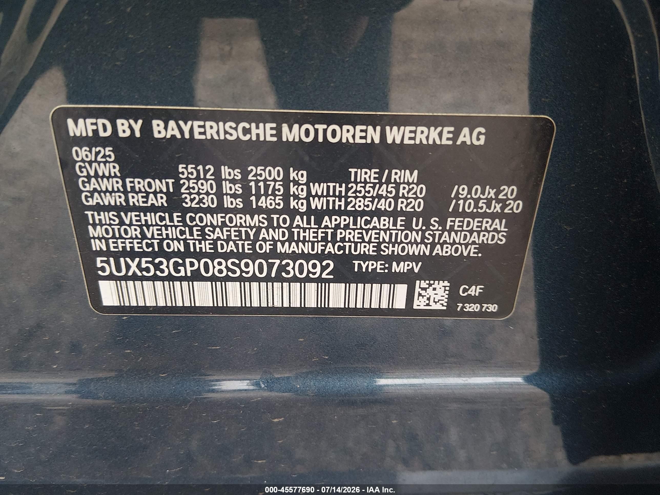2025 BMW X3 VIN 5UX53GP08S9073092 IAAI salvage auction — Unknown, Clear (South Carolina), sold $31,250 on 2026-09-16 (photo 9)