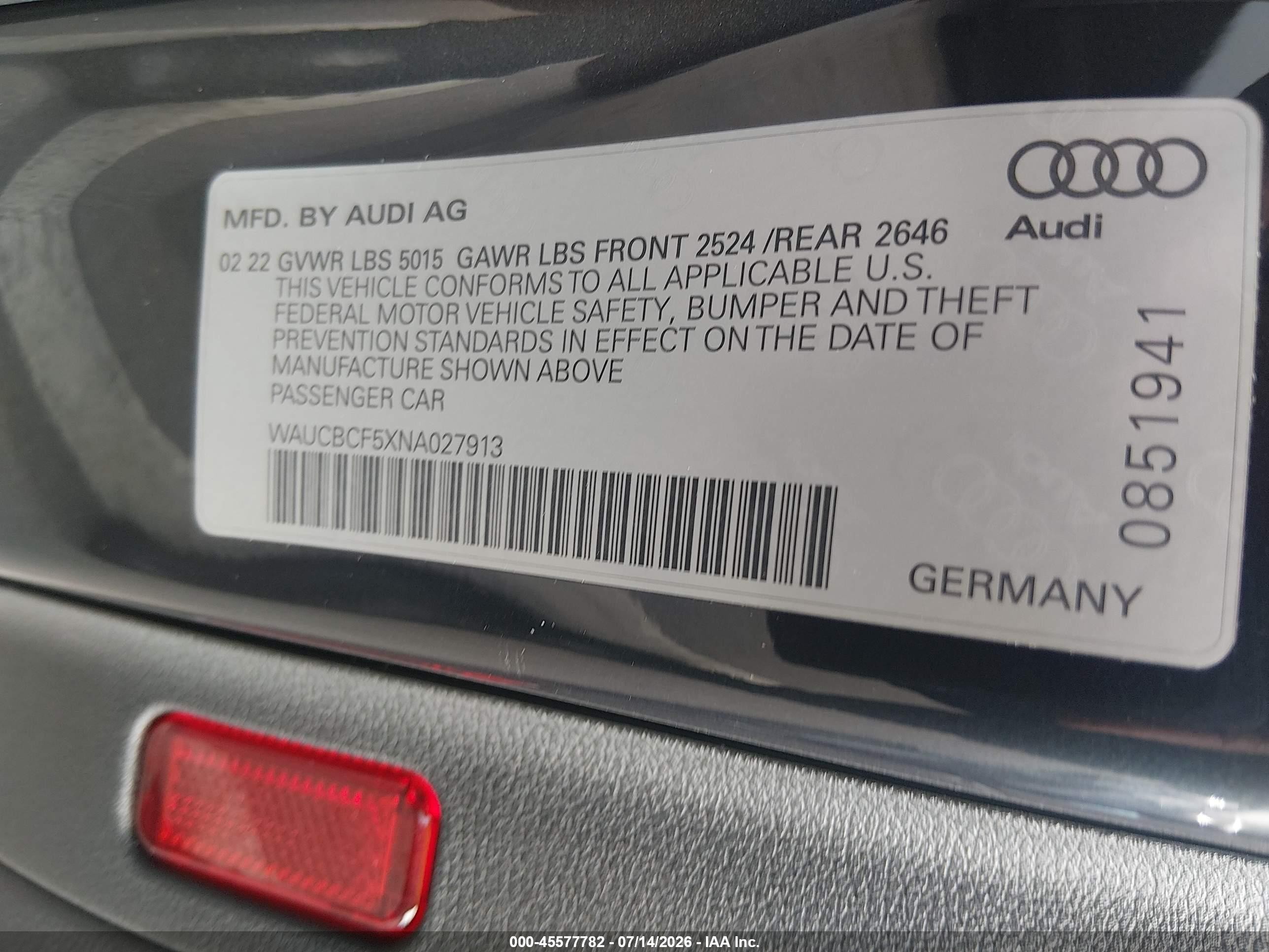 2022 Audi A5 VIN WAUCBCF5XNA027913 IAAI salvage auction — Undercarriage, Salvage (North Carolina), sold $14,100 on 2026-07-22 (photo 9)