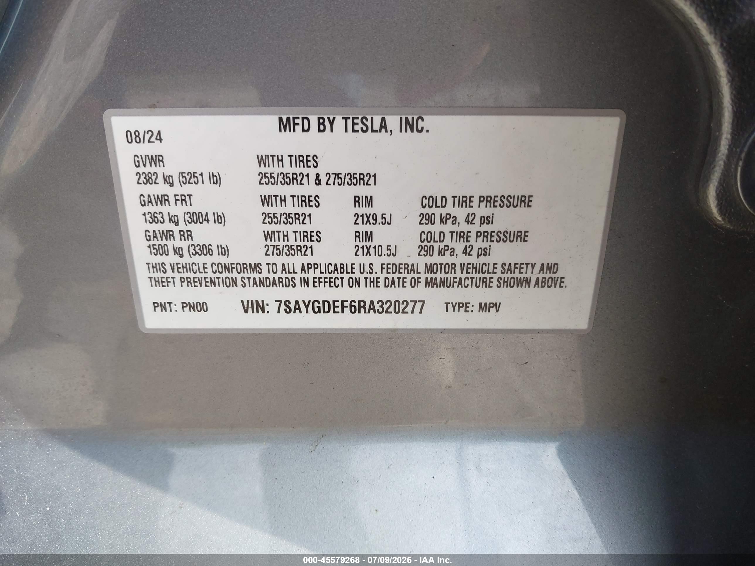 2024 Tesla Model Y VIN 7SAYGDEF6RA320277 IAAI salvage auction — Front End, Salvage (Idaho), sold $9,600 on 2026-09-12 (photo 9)
