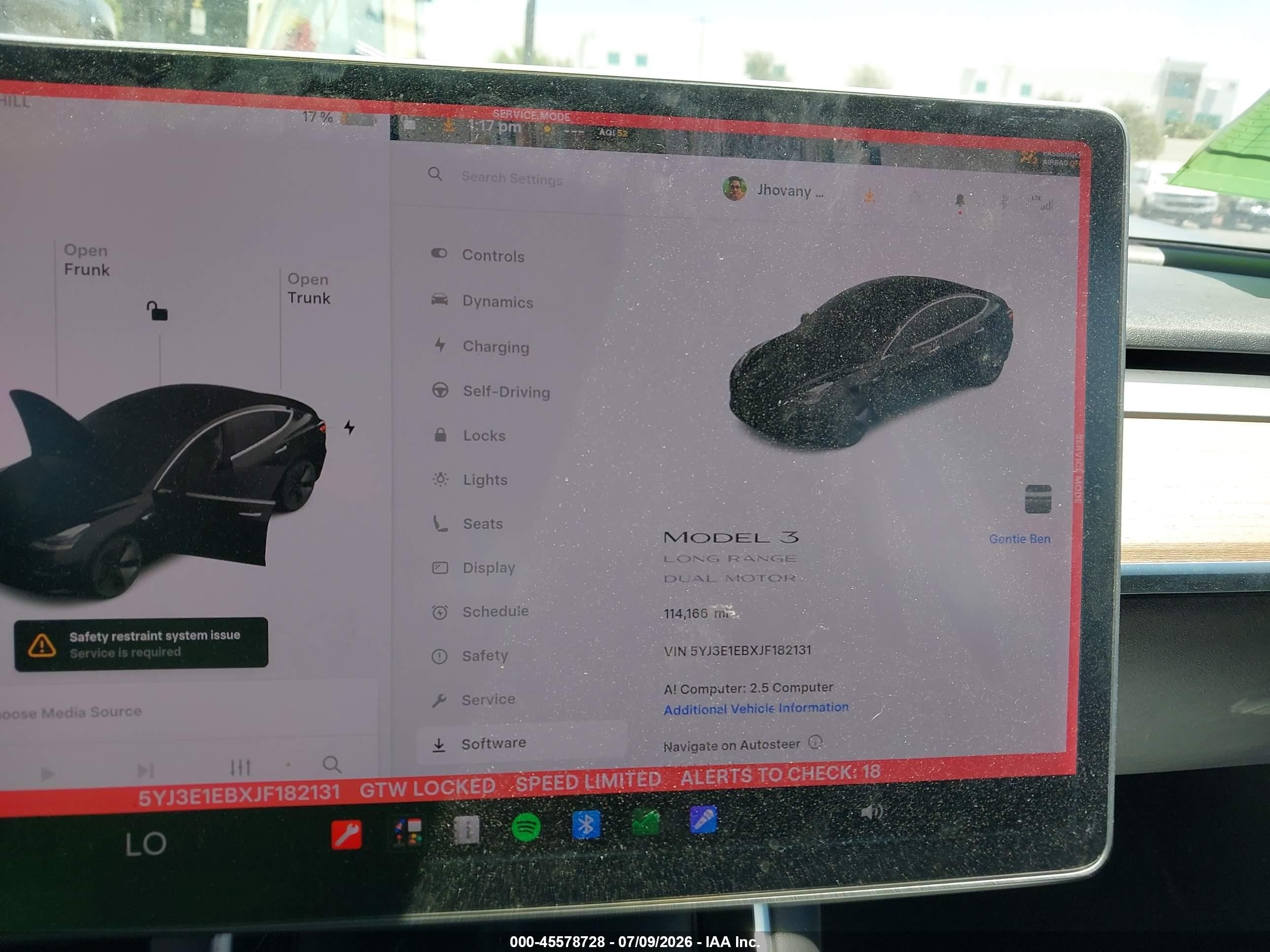 2018 Tesla Model 3 VIN 5YJ3E1EBXJF182131 IAAI salvage auction — Front End, Salvage Certificate (California), sold $3,850 on 2026-09-07 (photo 7)