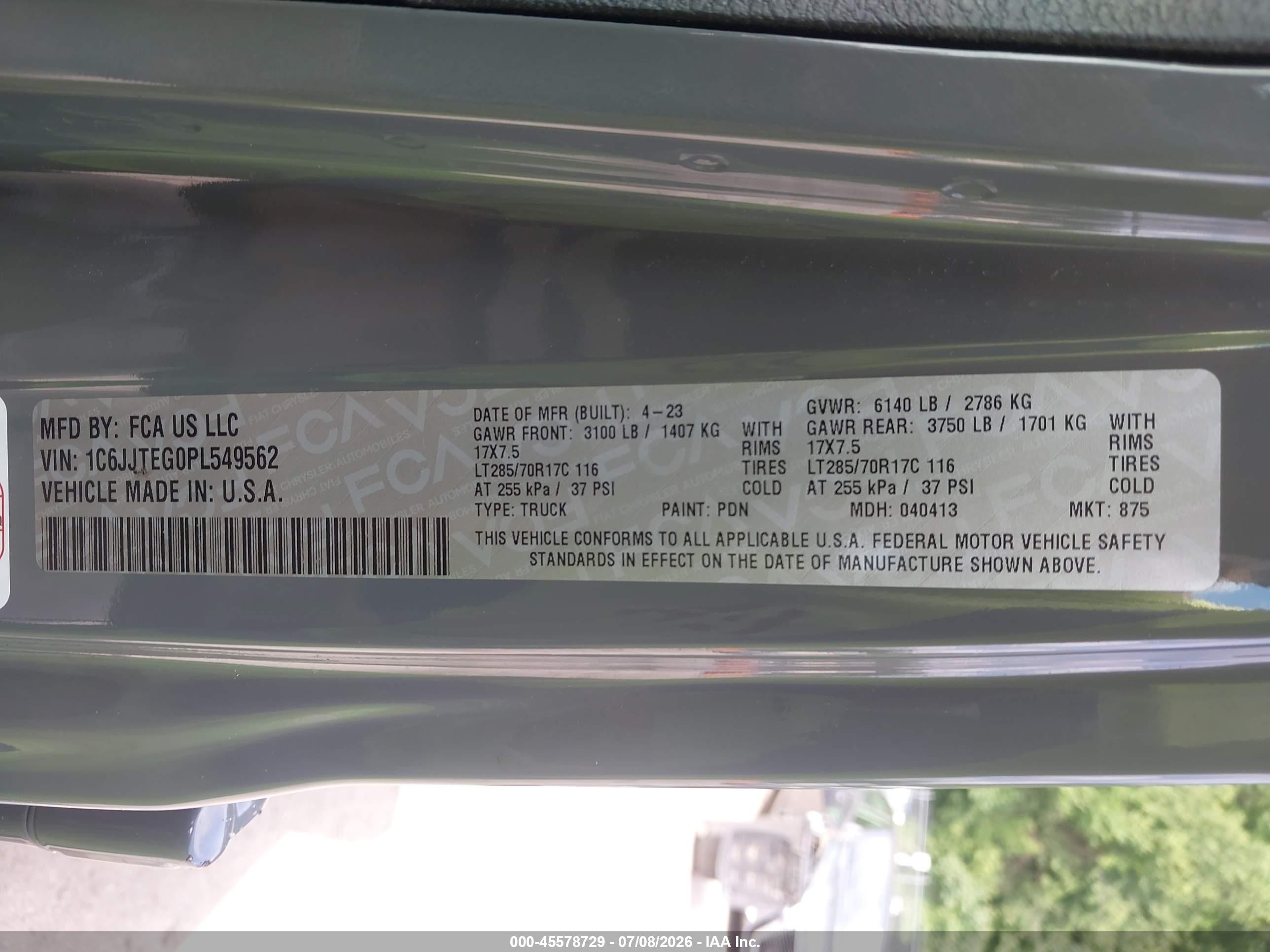 2023 Jeep Gladiator VIN 1C6JJTEG0PL549562 IAAI salvage auction — Top/Roof, Salvage - 75% Or Less (Maryland), sold $14,550 on 2026-09-08 (photo 9)