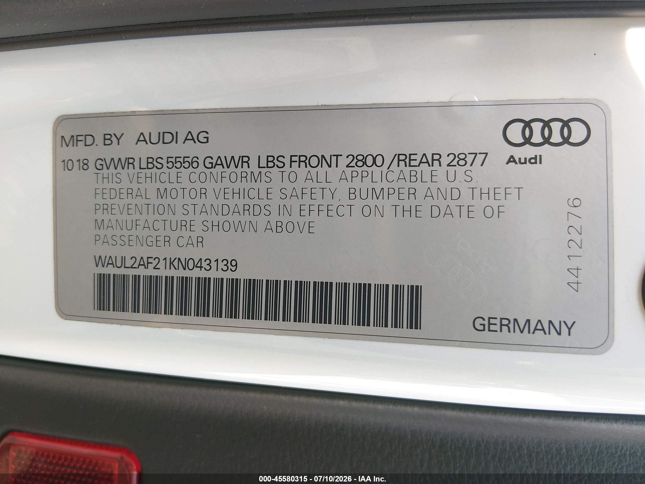 2019 Audi A6 VIN WAUL2AF21KN043139 IAAI salvage auction — Front End, Salvage - Greater Than 75% (Maryland), sold $7,500 on 2026-09-02 (photo 9)