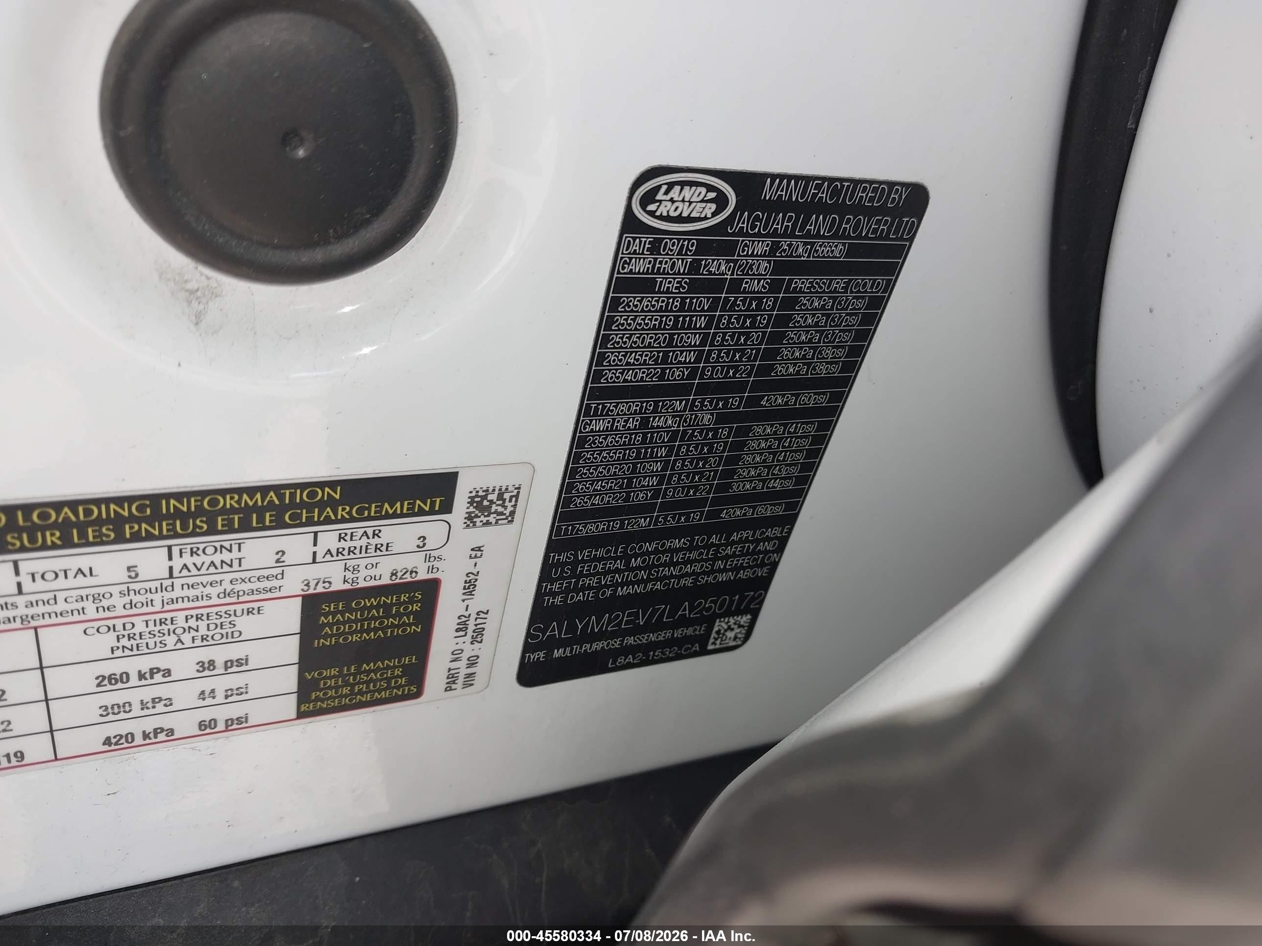 2020 Land rover Range rover velar VIN SALYM2EV7LA250172 IAAI salvage auction — Front End, Mv-907A (New York), sold $9,200 on 2026-09-13 (photo 9)