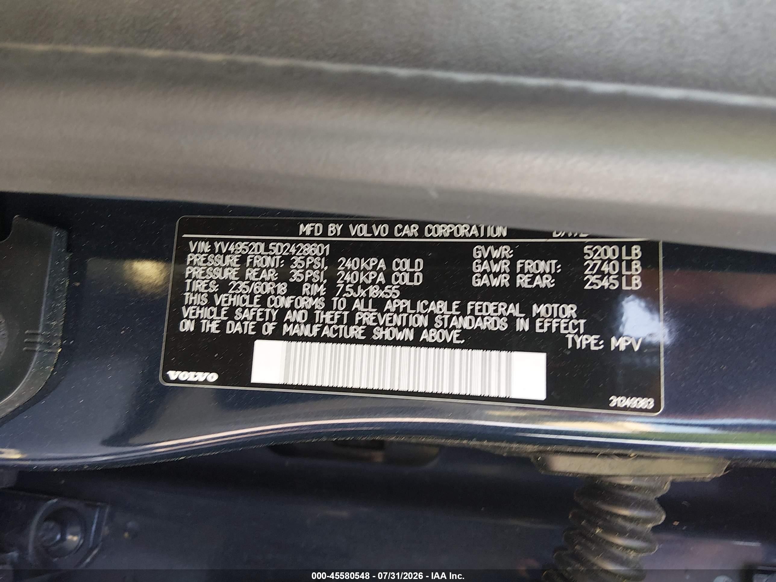 2013 Volvo Xc60 VIN YV4952DL5D2428601 IAAI salvage auction — Side, Nrc Lienholder Repossession Paperwork (South Carolina), sold $850 on 2026-10-23 (photo 9)