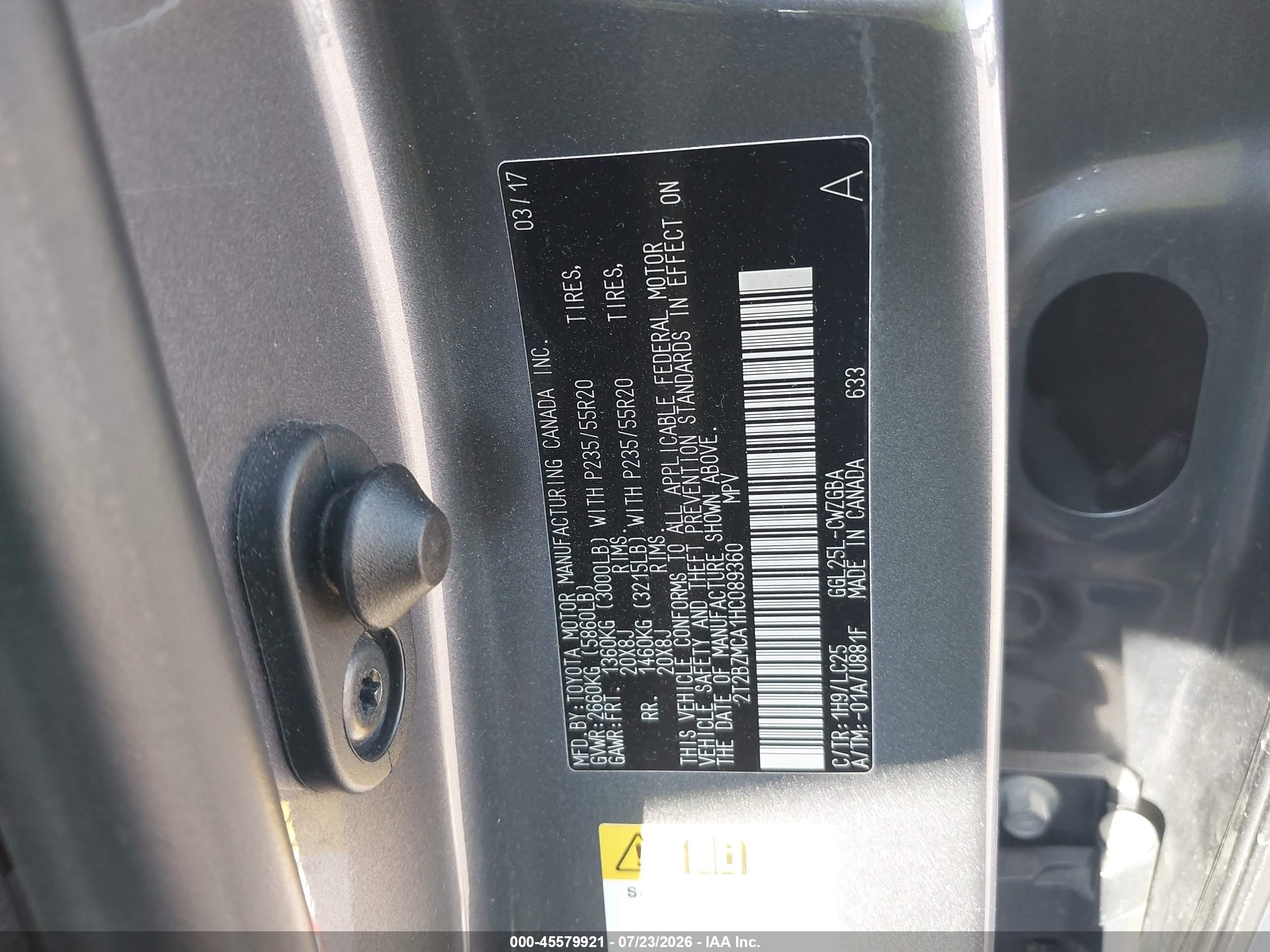 2017 Lexus Rx VIN 2T2BZMCA1HC089360 IAAI salvage auction — Side, Original (Texas), sold $17,150 on 2026-09-02 (photo 9)