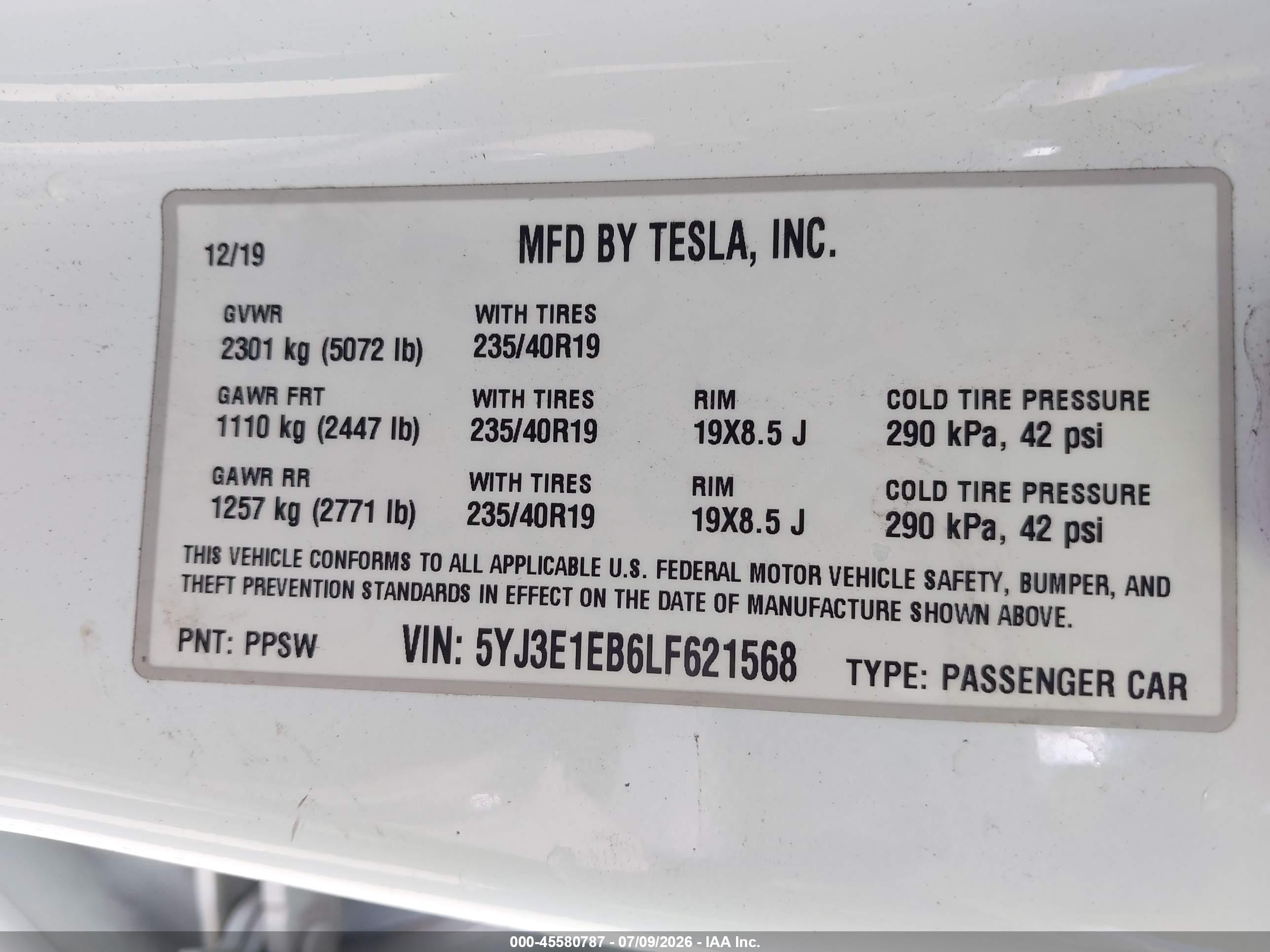 2020 Tesla Model 3 VIN 5YJ3E1EB6LF621568 IAAI salvage auction — Rear End, Salvage (California), sold $5,300 on 2026-09-19 (photo 9)