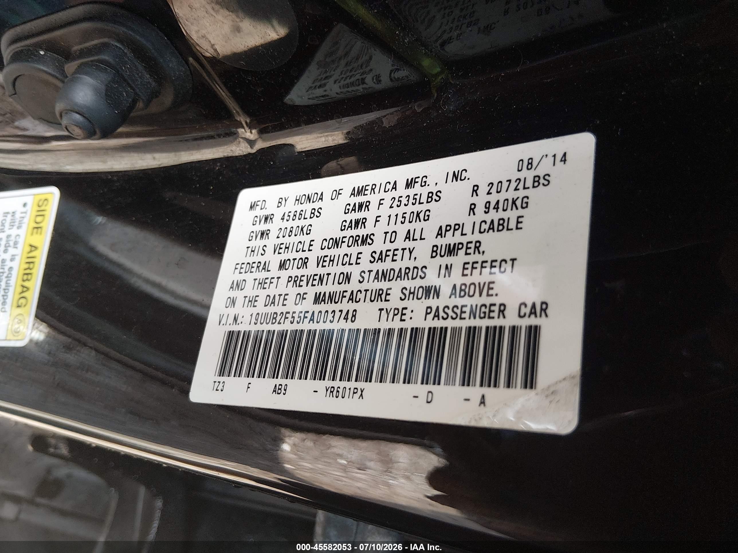 2015 Acura Tlx VIN 19UUB2F55FA003748 IAAI salvage auction — Rear End, Clear (Indiana), sold $4,000 on 2026-09-07 (photo 9)