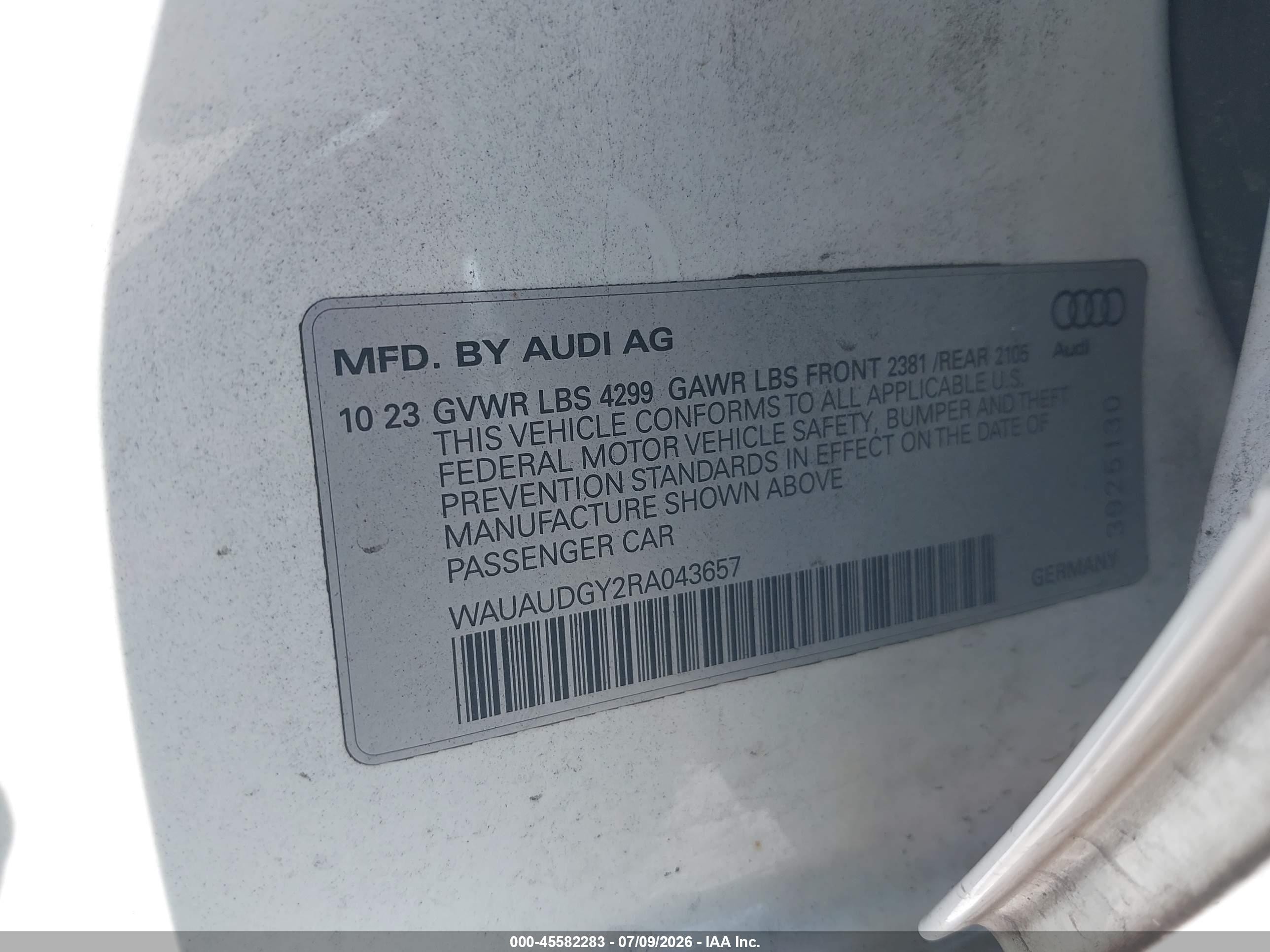 2024 Audi A3 VIN WAUAUDGY2RA043657 IAAI salvage auction — Unknown, Original (Texas), sold $7,575 on 2026-09-09 (photo 9)