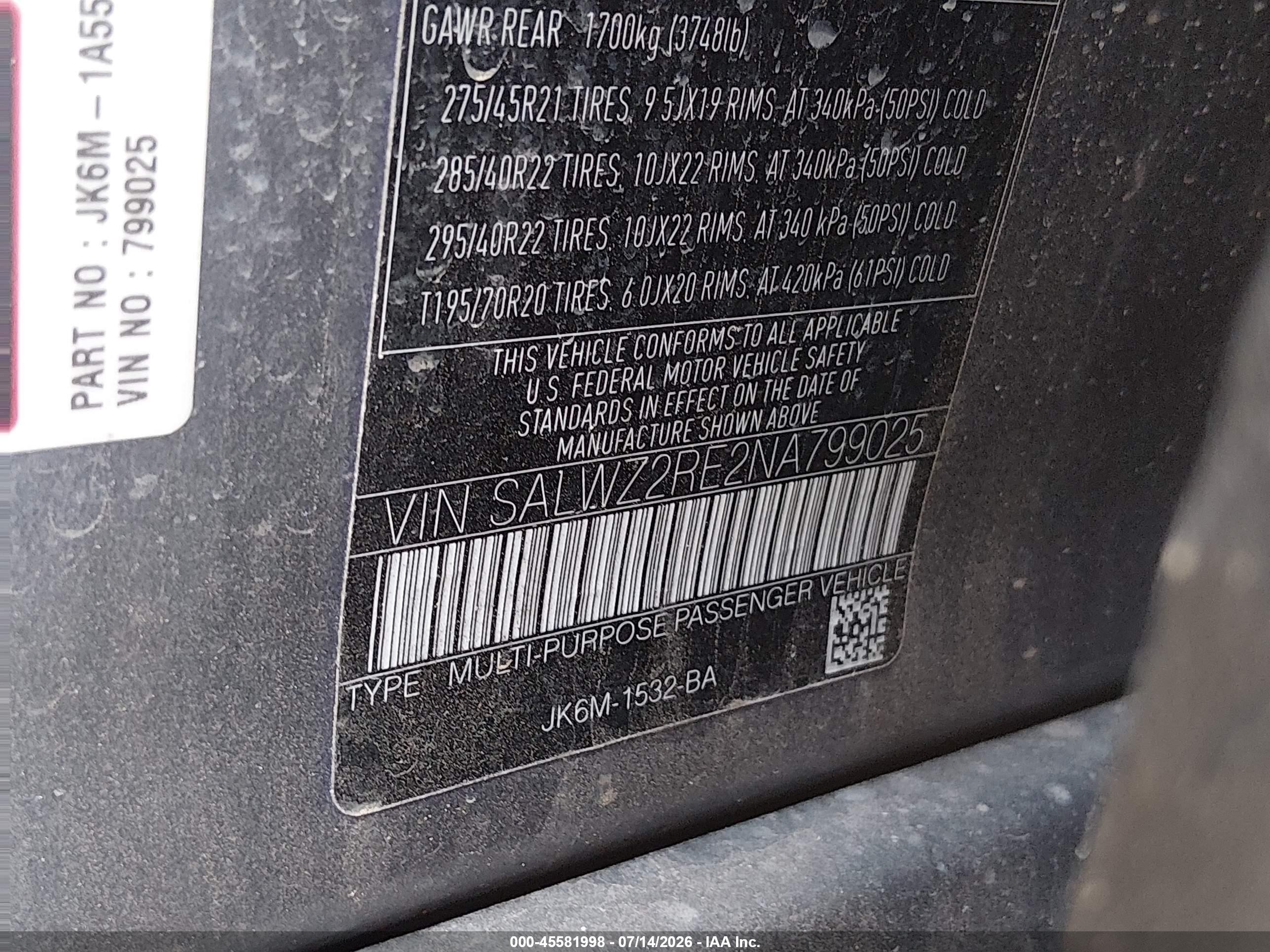 2022 Land Rover Range Rover Sport VIN SALWZ2RE2NA799025 IAAI salvage auction — Front End, Salvage (Texas), sold $18,100 on 2026-09-27 (photo 9)