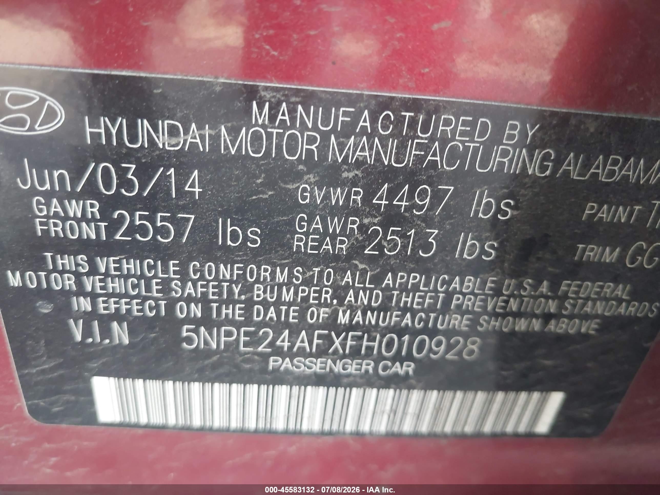 2015 Hyundai Sonata VIN 5NPE24AFXFH010928 IAAI salvage auction — Normal Wear, Clear (Utah), sold $525 on 2026-07-09 (photo 9)