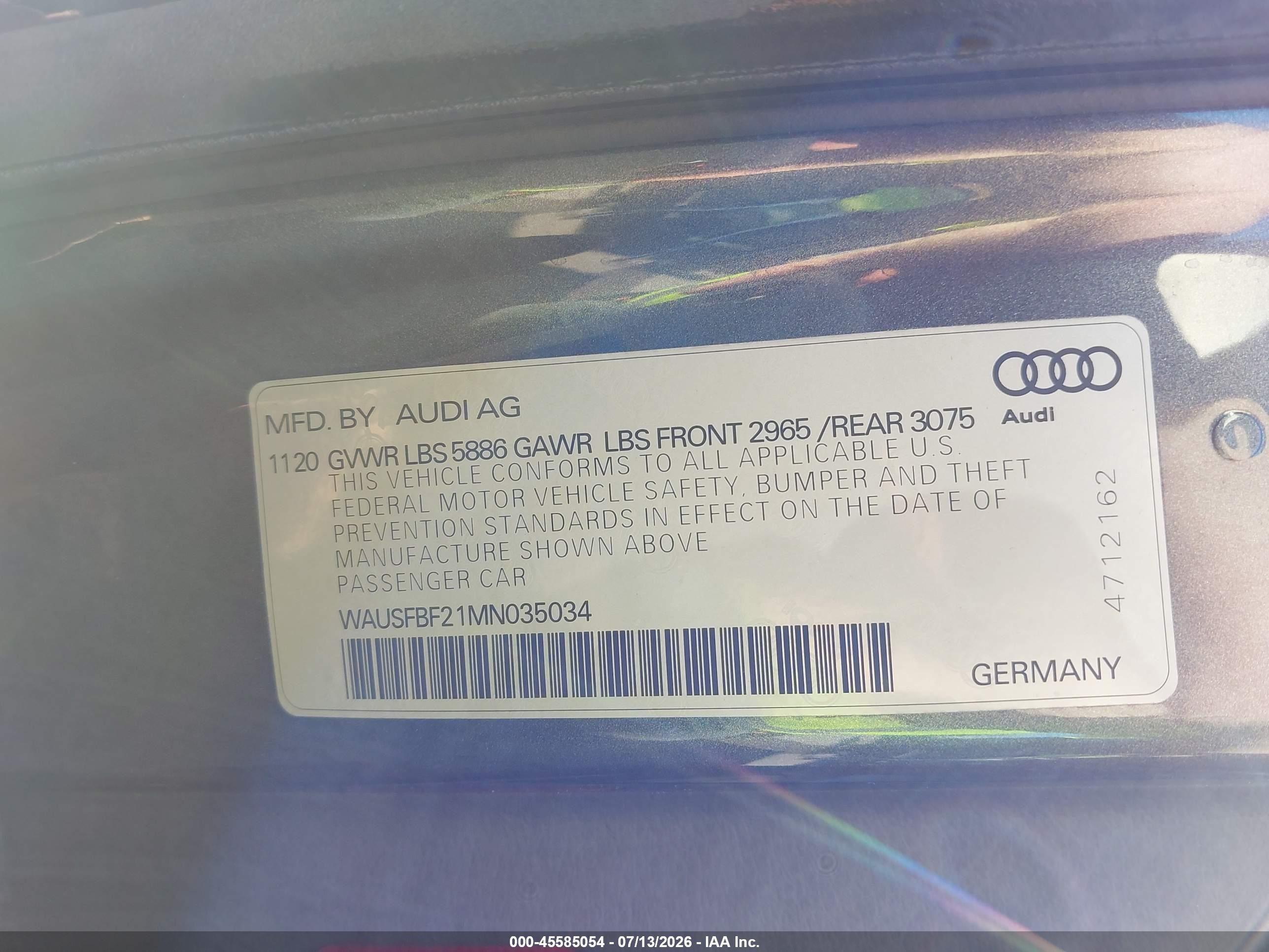 2021 Audi S7 VIN WAUSFBF21MN035034 IAAI salvage auction — Unknown, Certificate Of Title (Nebraska), sold $25,450 on 2026-08-13 (photo 9)
