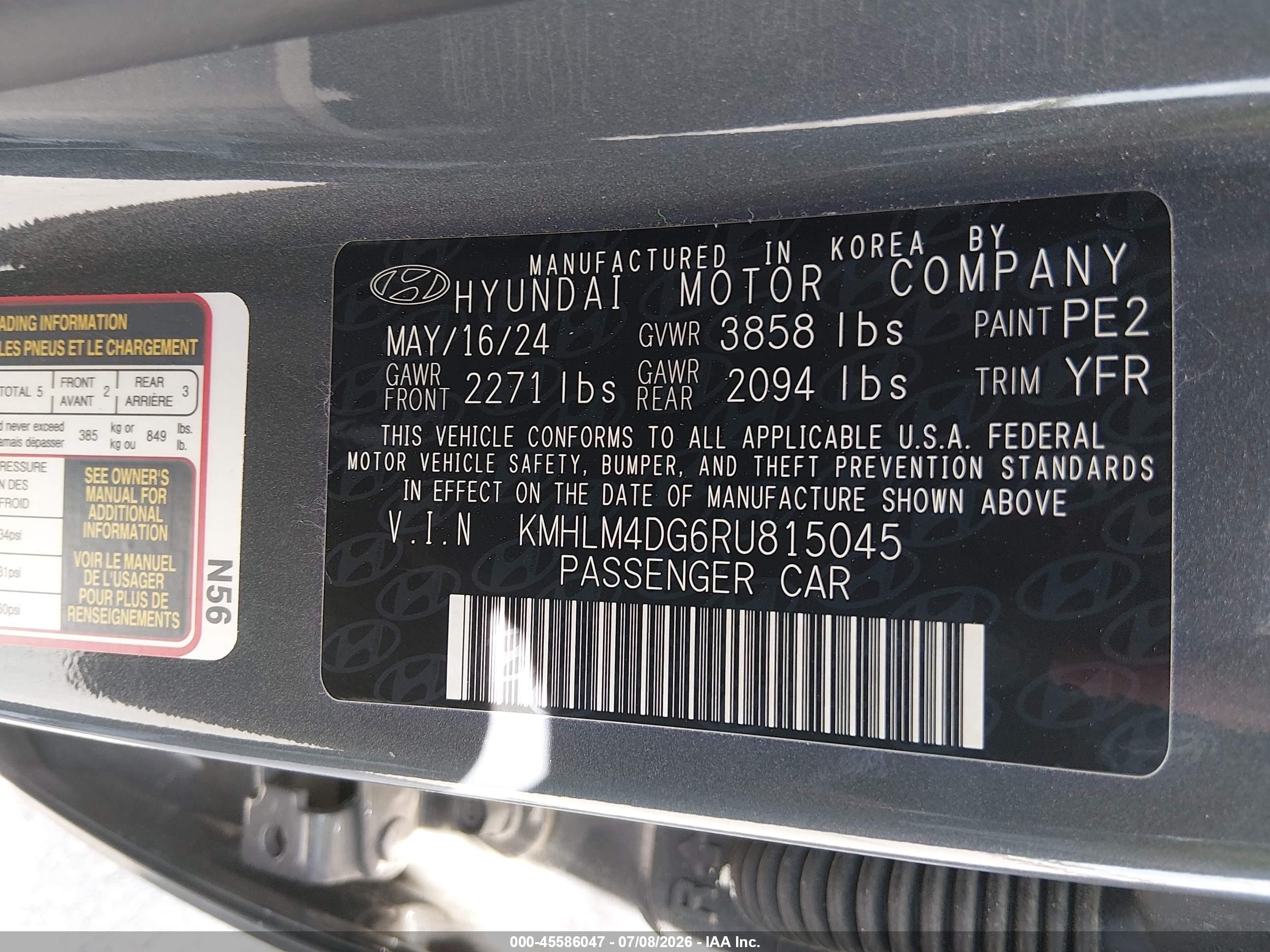 2024 Hyundai Elantra VIN KMHLM4DG6RU815045 IAAI salvage auction — Rear End, Original (Texas), sold $6,150 on 2026-09-03 (photo 9)