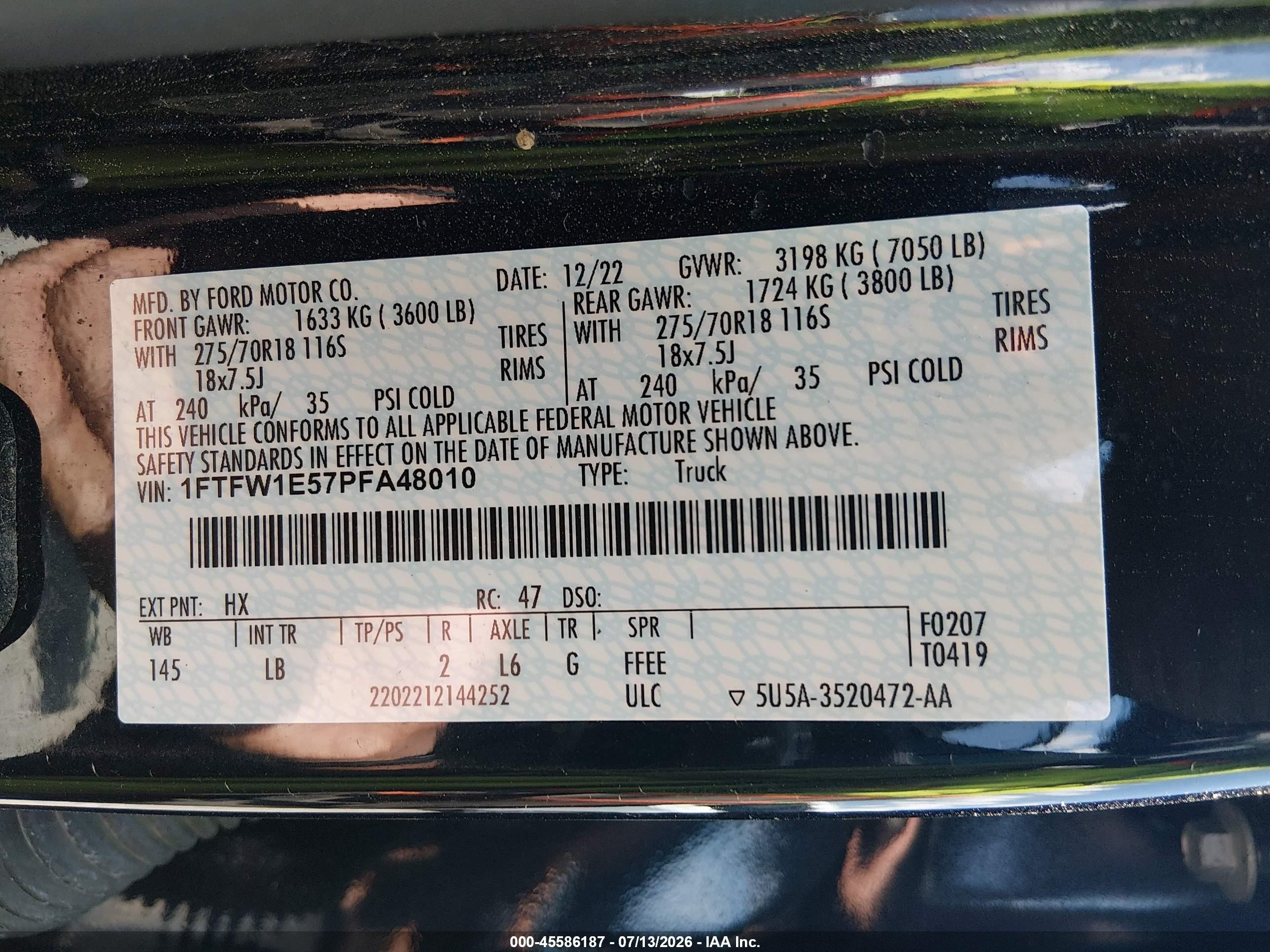 2023 Ford F-150 VIN 1FTFW1E57PFA48010 IAAI salvage auction — Front End, Salvage (Tennessee), sold $13,100 on 2026-08-30 (photo 9)