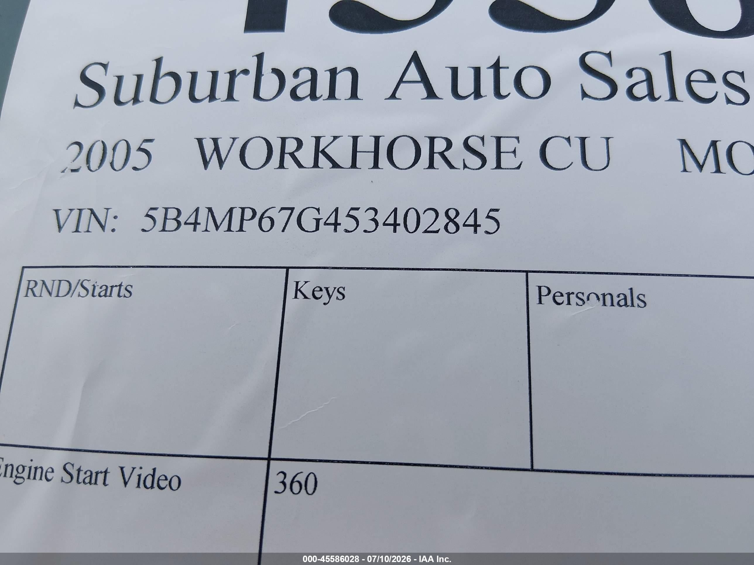 2005 Workhorse Custom Chassis Motorhome Chassis VIN 5B4MP67G453402845 IAAI salvage auction — Side, Salvage (Virginia), sold $30,000 on 2026-09-10 (photo 9)