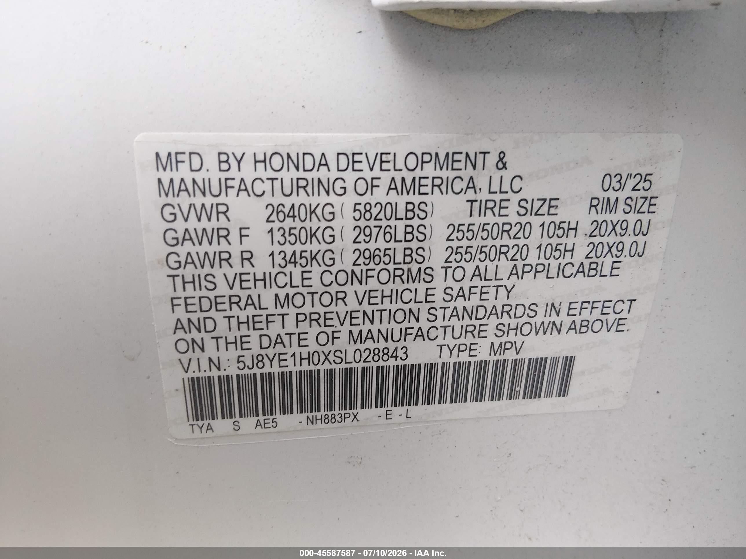 2025 Acura Mdx VIN 5J8YE1H0XSL028843 IAAI salvage auction — Theft, Salvage (Virginia), sold $25,000 on 2026-08-11 (photo 9)