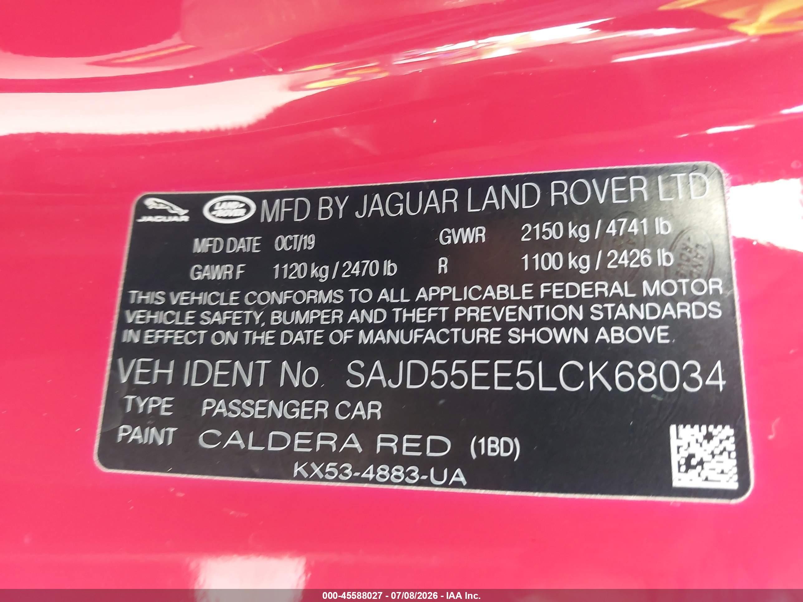 2020 Jaguar F-type VIN SAJD55EE5LCK68034 IAAI salvage auction — Front End, Certificate Of Destruction (Florida), sold $13,200 on 2026-08-10 (photo 9)