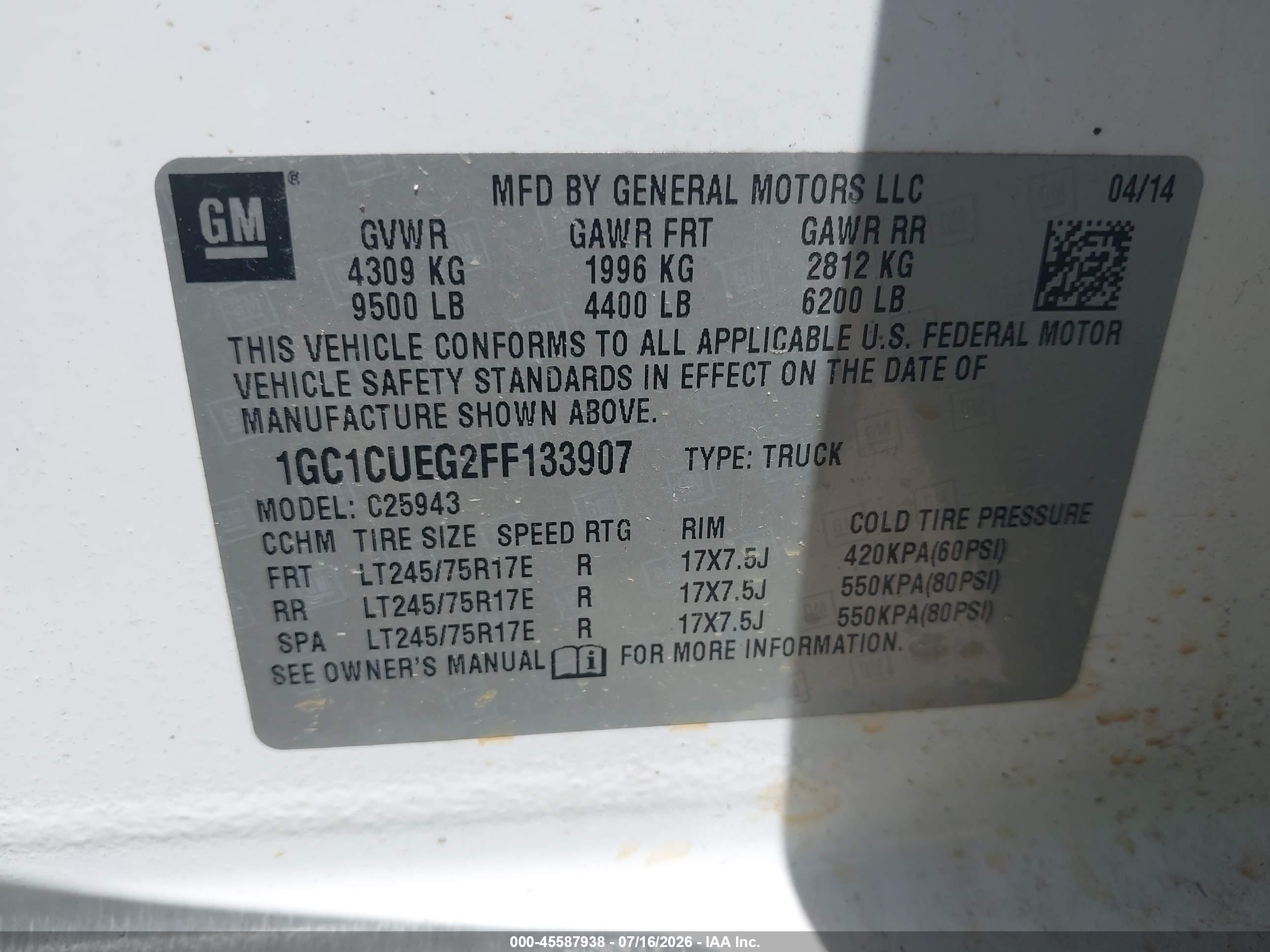 2015 Chevrolet Silverado 2500 VIN 1GC1CUEG2FF133907 IAAI salvage auction — Normal Wear, Sf97 (Mississippi), sold $16,475 on 2026-09-09 (photo 4)