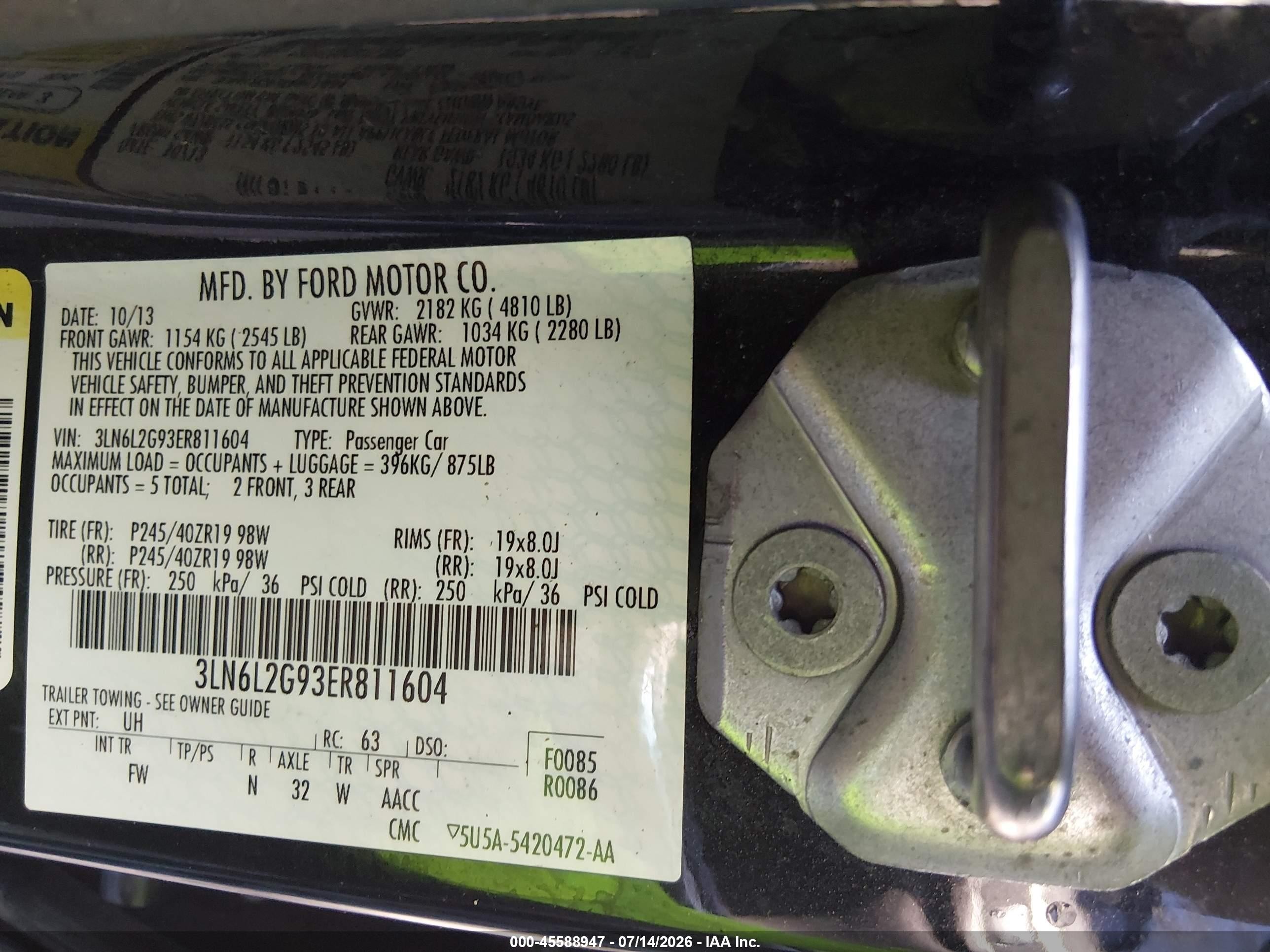 2014 Lincoln MKZ VIN 3LN6L2G93ER811604 IAAI salvage auction — Unknown, Wait Title, sold $500 on 2026-09-20 (photo 9)