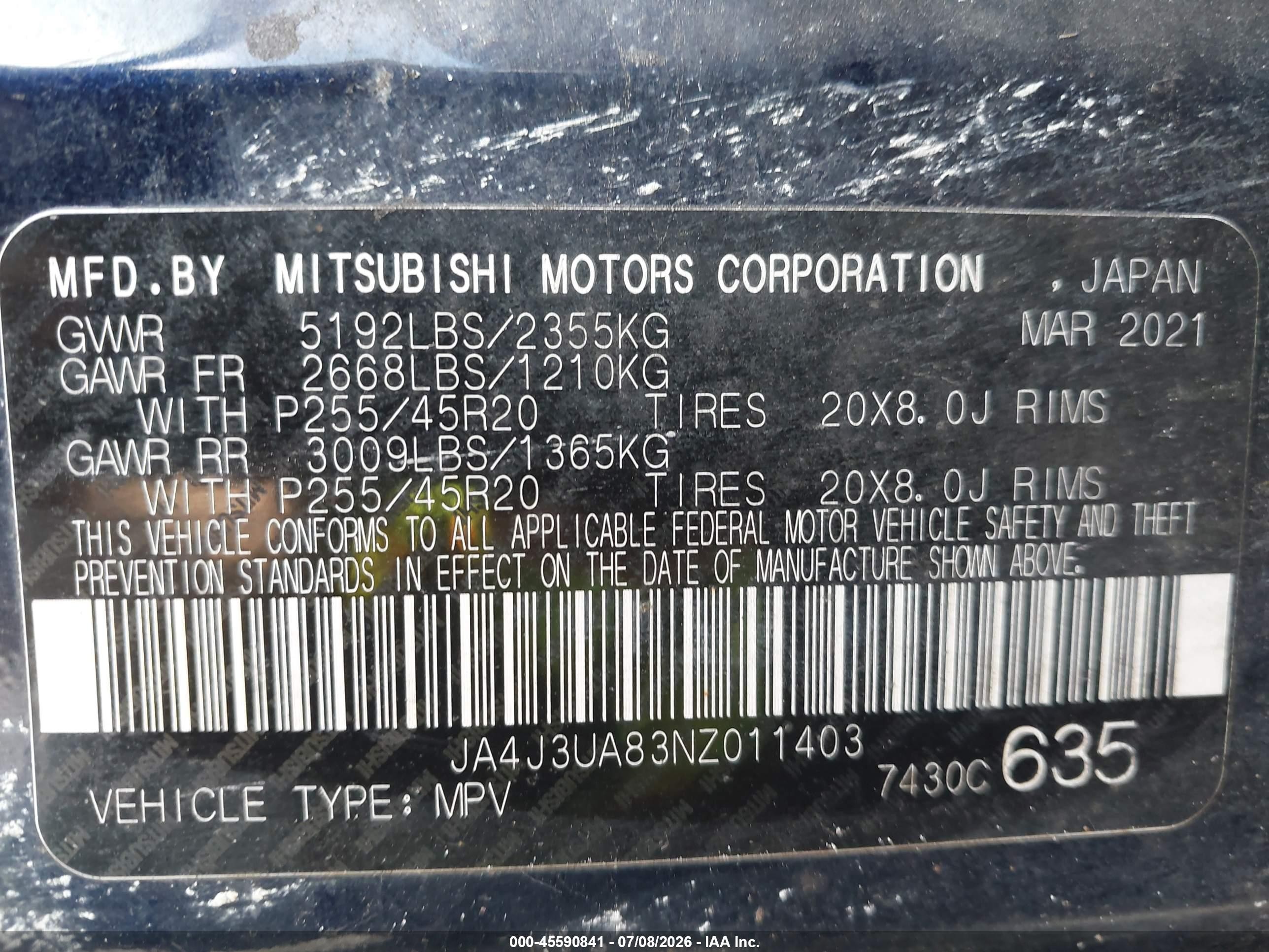 2022 Mitsubishi Outlander VIN JA4J3UA83NZ011403 IAAI salvage auction — Front End, Rebuildable (Florida), sold $4,050 on 2026-09-08 (photo 9)