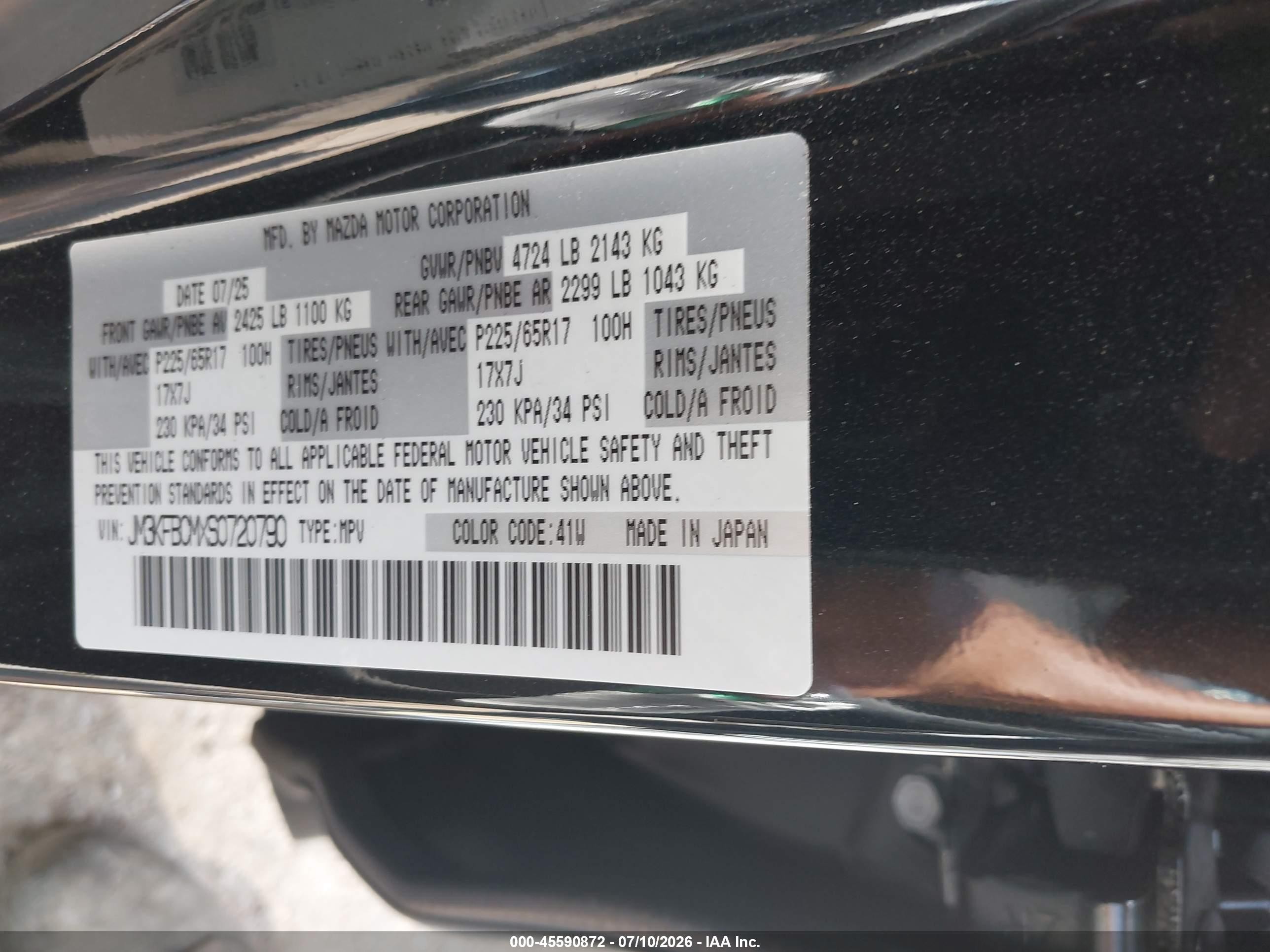2025 Mazda Cx-5 VIN JM3KFBCMXS0720790 IAAI salvage auction — Front End, Clear (Oklahoma), sold $9,400 on 2026-09-05 (photo 9)