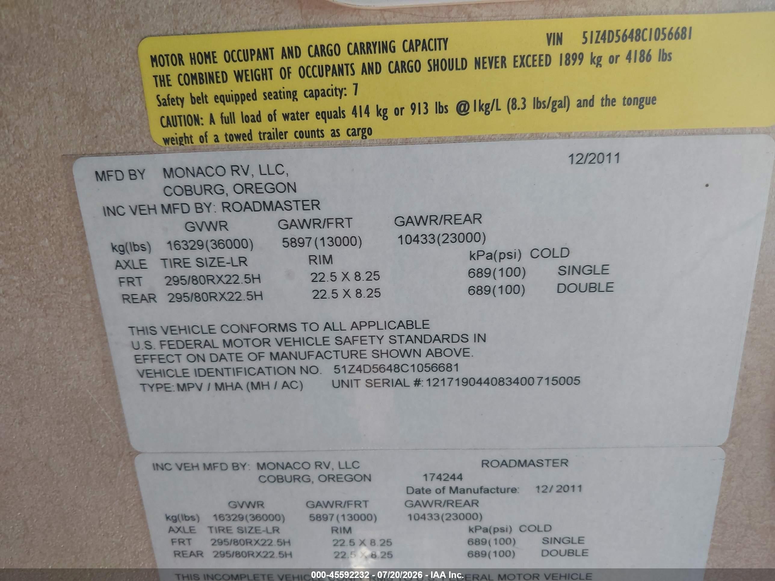 2012 Roadmaster Rail monocoque motorhome VIN 51Z4D5648C1056681 IAAI salvage auction — All Over, Salvage (Texas), sold $25 on 2026-09-09 (photo 9)