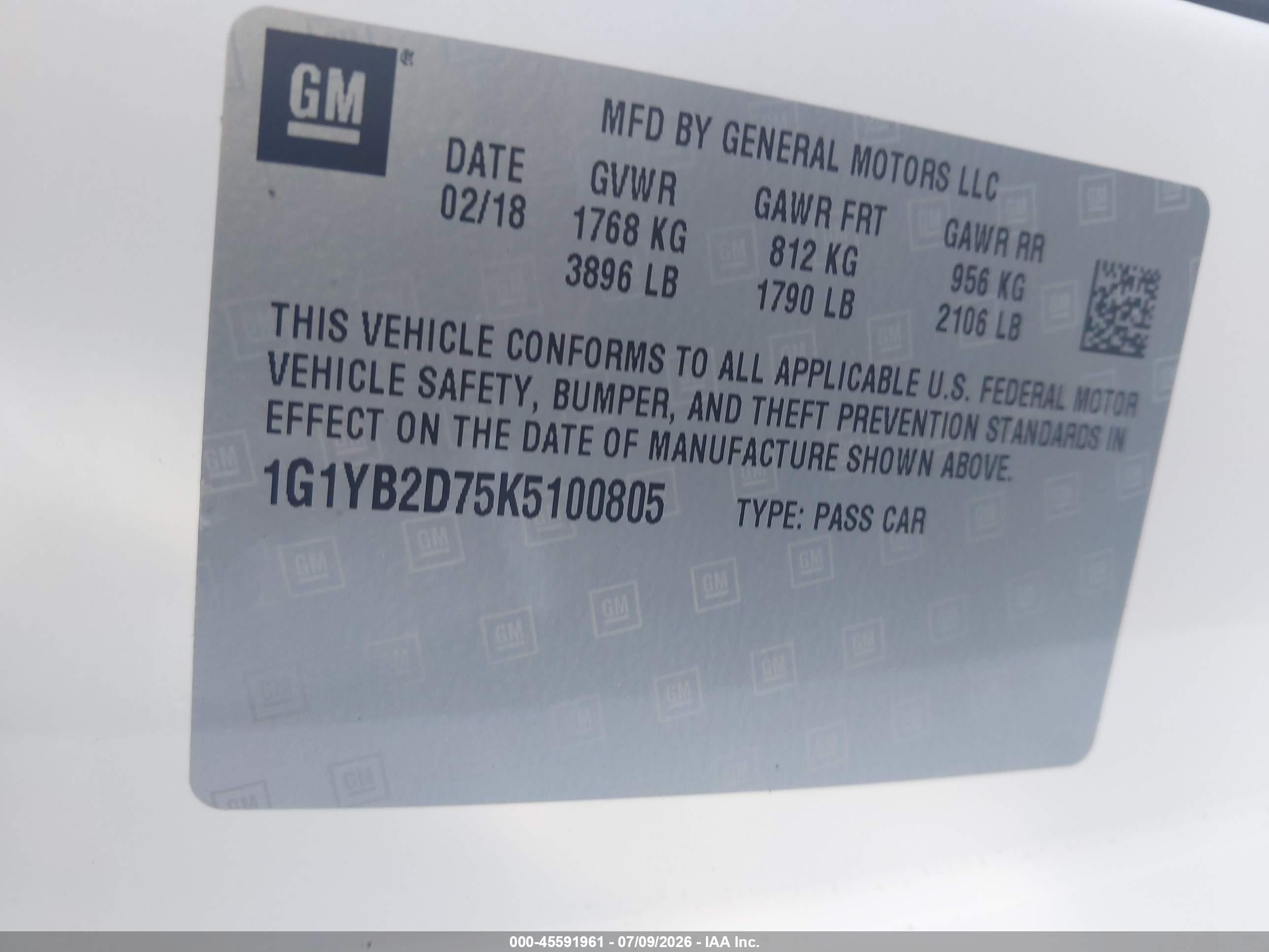 2019 Chevrolet Corvette Stingray VIN 1G1YB2D75K5100805 IAAI salvage auction — Unknown, Salvage (California), sold $19,300 on 2026-09-13 (photo 9)