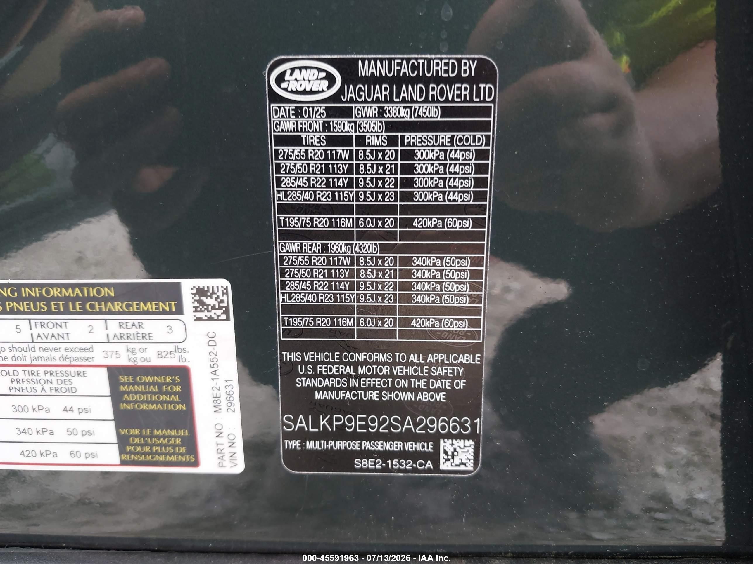 2025 Land Rover Range Rover VIN SALKP9E92SA296631 IAAI salvage auction — Unknown, Salvage (North Carolina), sold $71,000 on 2026-08-21 (photo 9)