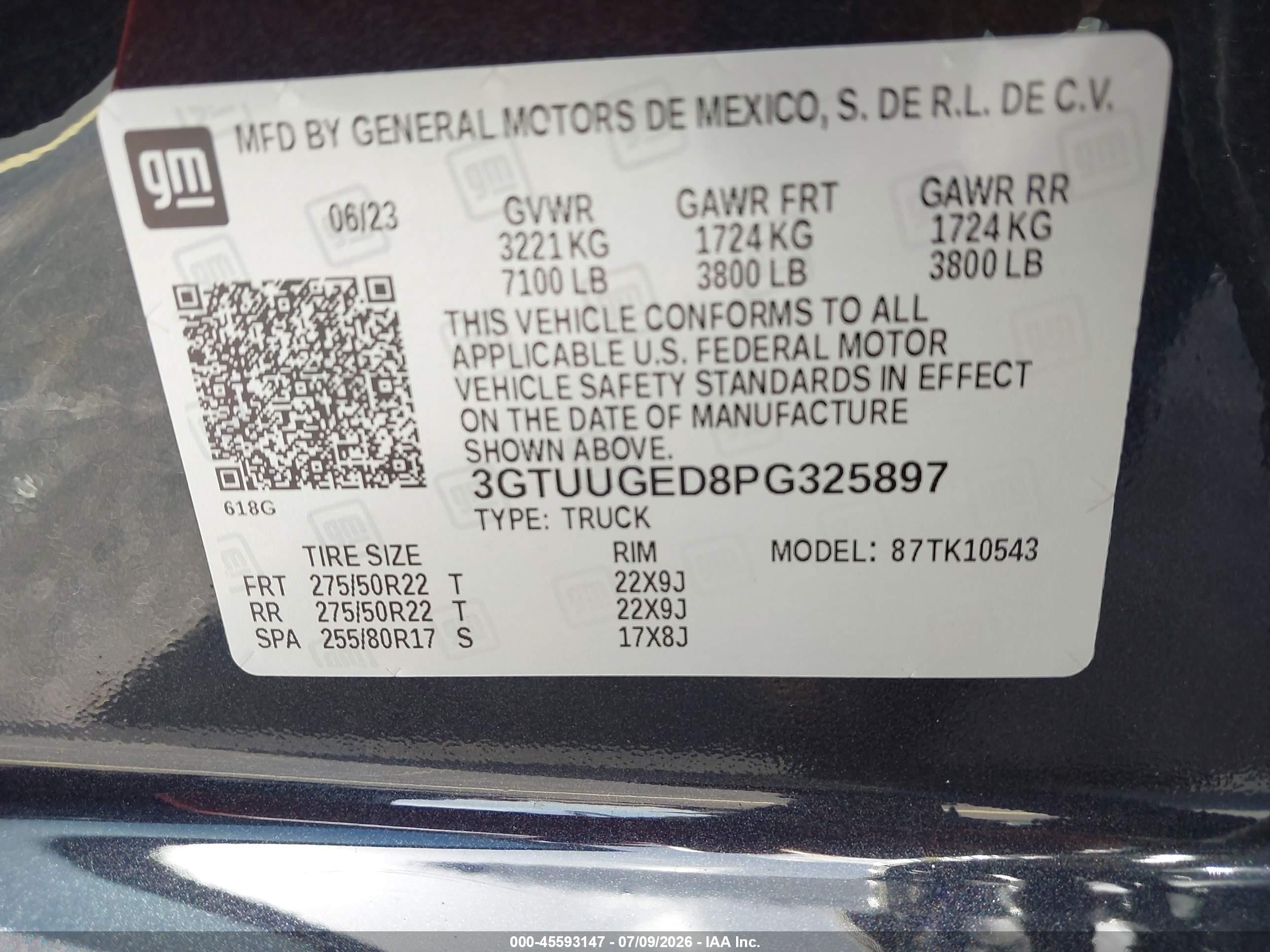2023 Gmc SIERRA VIN 3GTUUGED8PG325897 IAAI salvage auction — Front & Rear, Rebuildable (Florida), sold $22,100 on 2026-08-20 (photo 9)