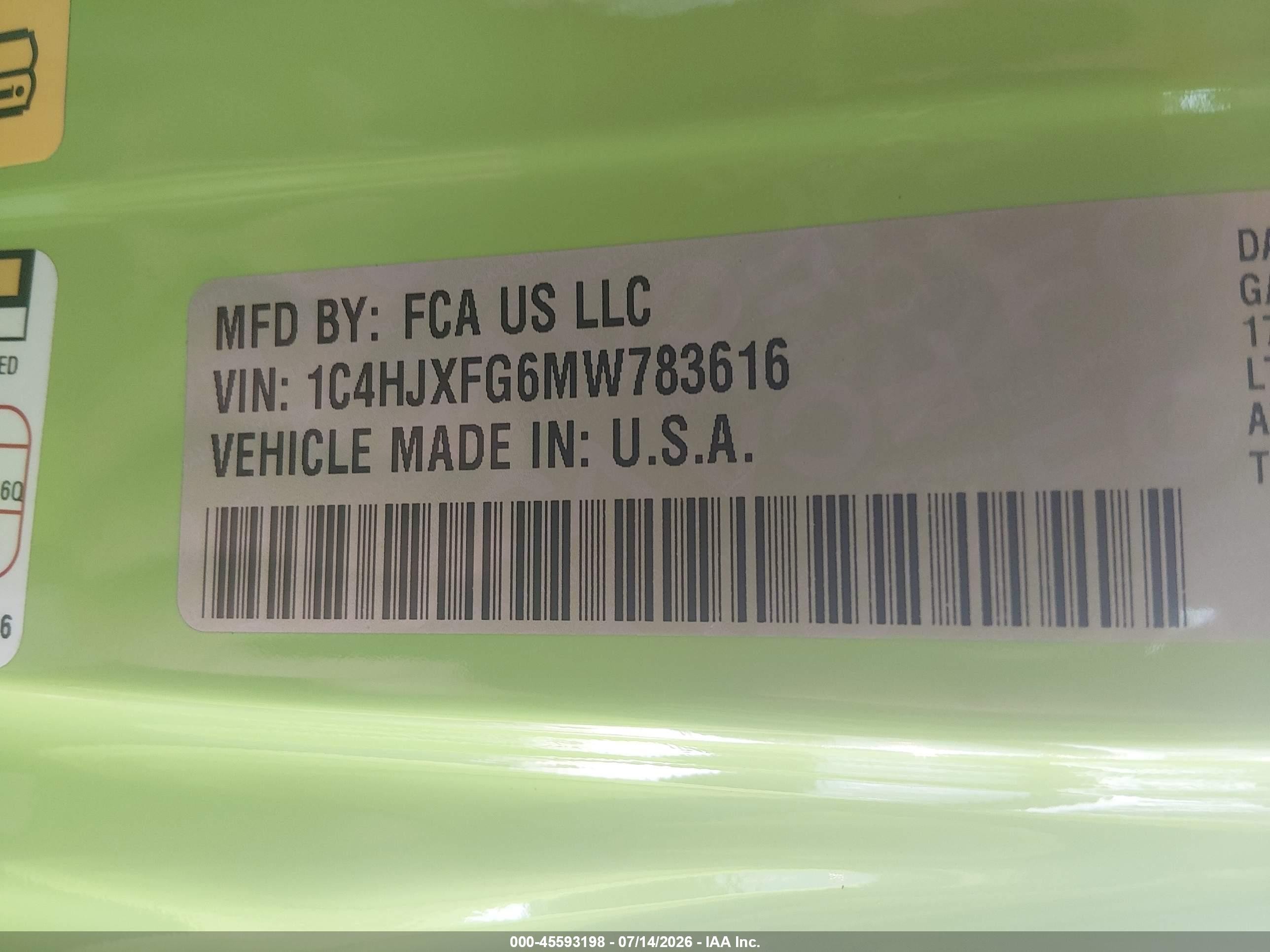 2021 Jeep Wrangler / VIN 1C4HJXFG6MW783616 IAAI salvage auction — Front End, Salvage (Ohio), sold $8,900 on 2026-09-18 (photo 9)