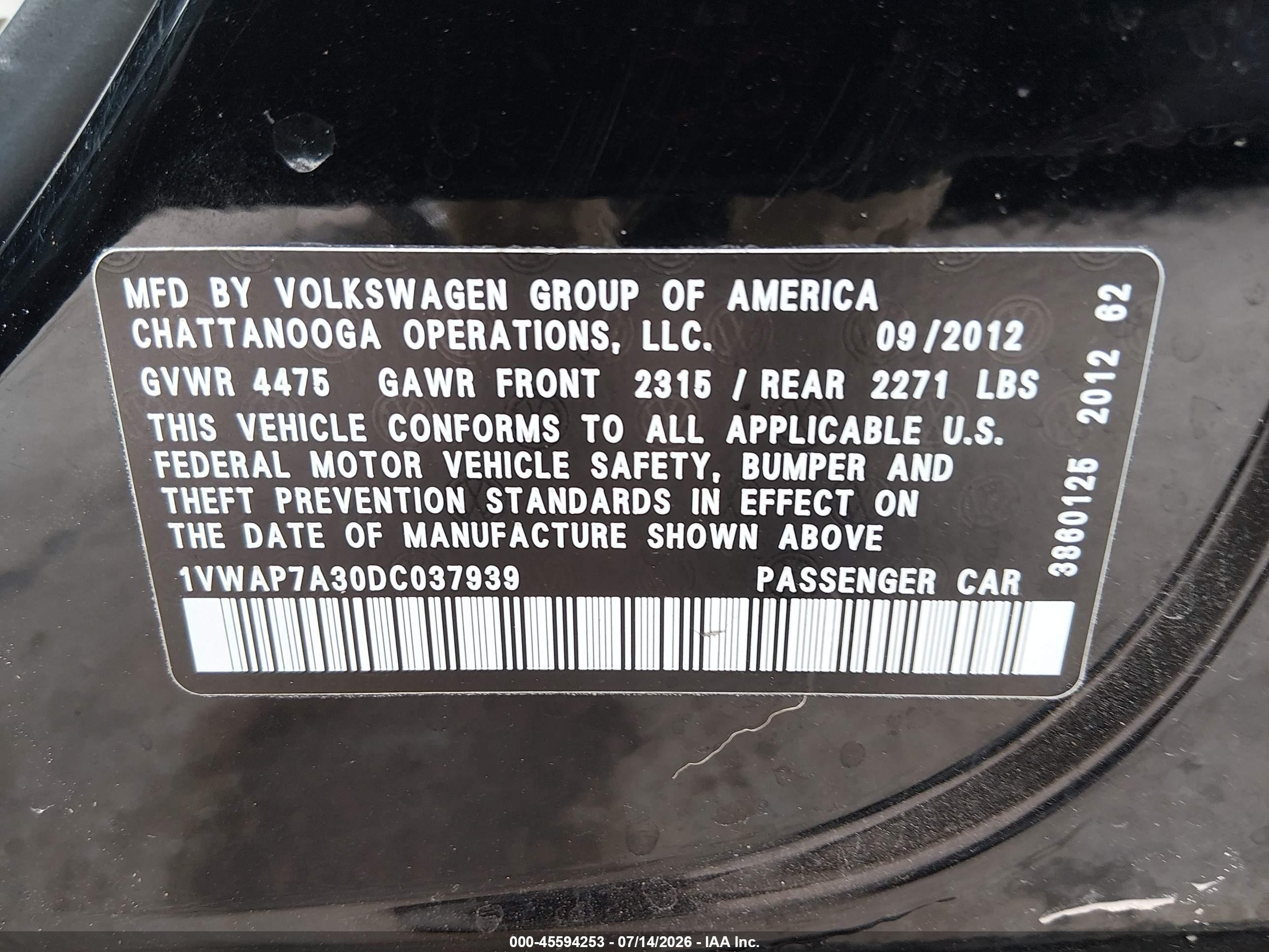 2013 Volkswagen Passat VIN 1VWAP7A30DC037939 IAAI salvage auction — Unknown, Original (Texas), sold $1,250 on 2026-09-14 (photo 9)