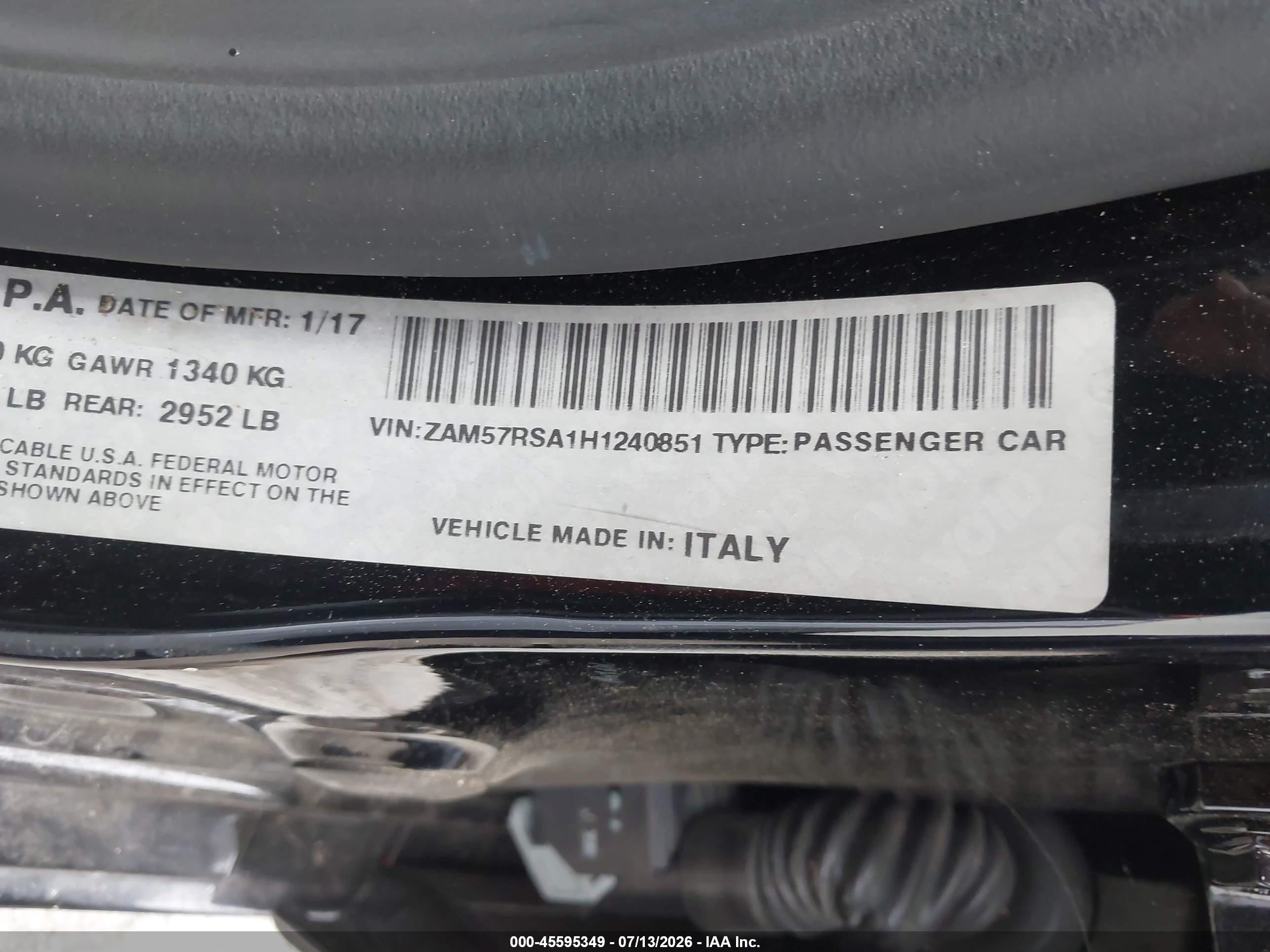 2017 Maserati Ghibli VIN ZAM57RSA1H1240851 IAAI salvage auction — Front End, Salvage (California), sold $3,100 on 2026-08-31 (photo 9)